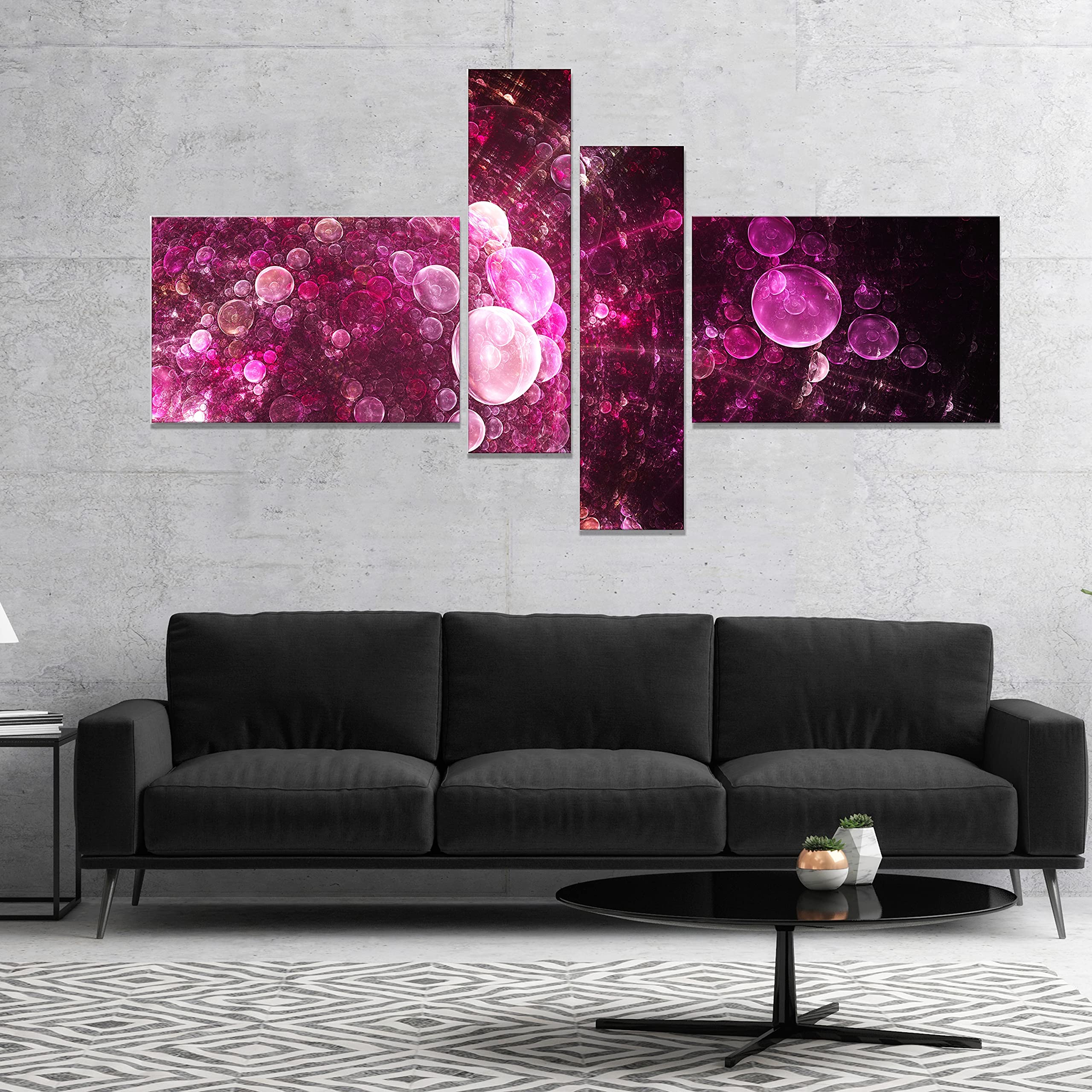 Designart 'Pink on Black World Bubbles' Floral Canvas Wall Art Print - 60x32 Inch 5-Panel Modern Home Decor for Living Room, Bedroom & Office