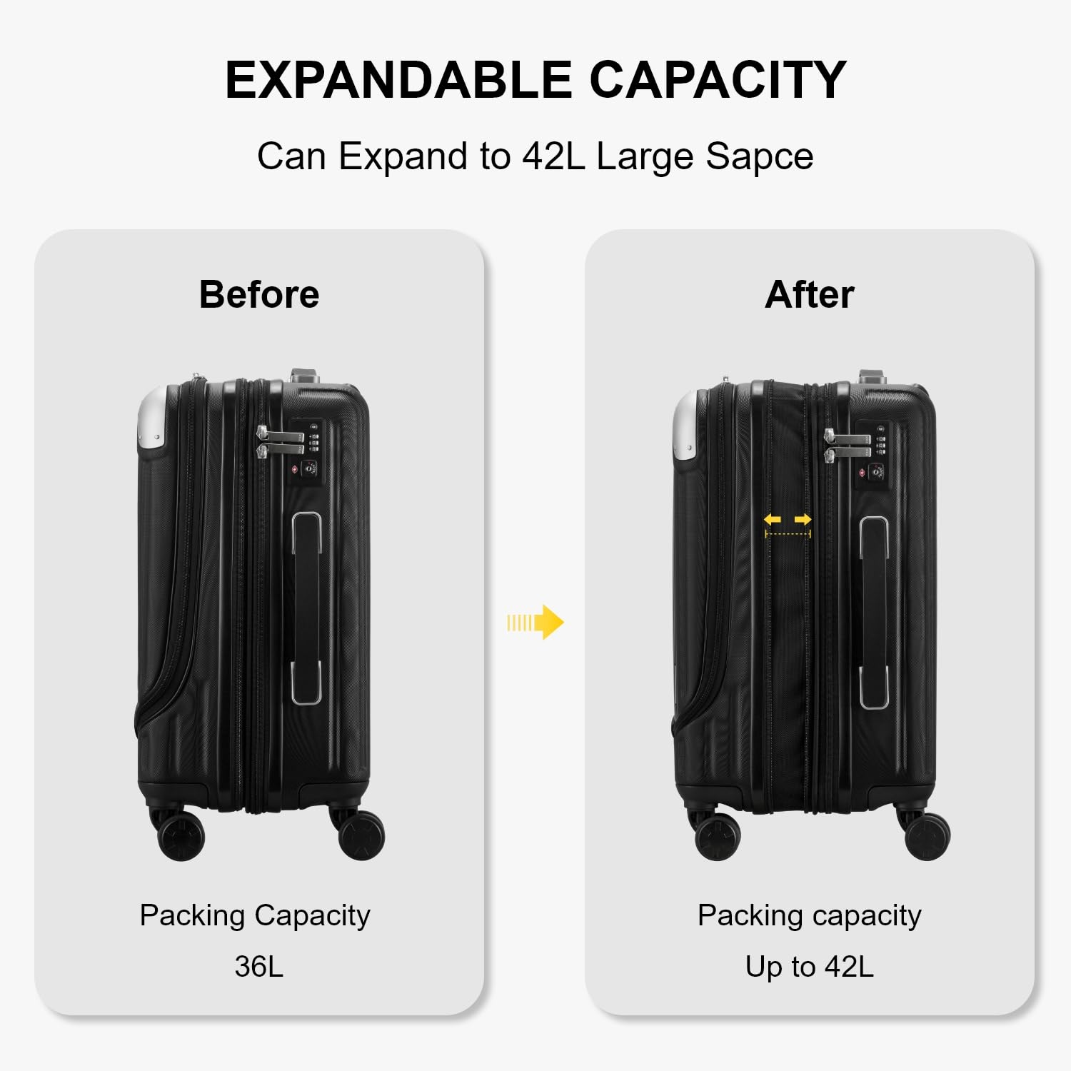 LEVEL8 Grace 20 Inch Expandable Hard Shell Carry-On Luggage with Front Compartment, TSA Lock & Smooth Wheels - Lightweight Airplane Suitcase for Business Travel & Weekend Getaways (Black)