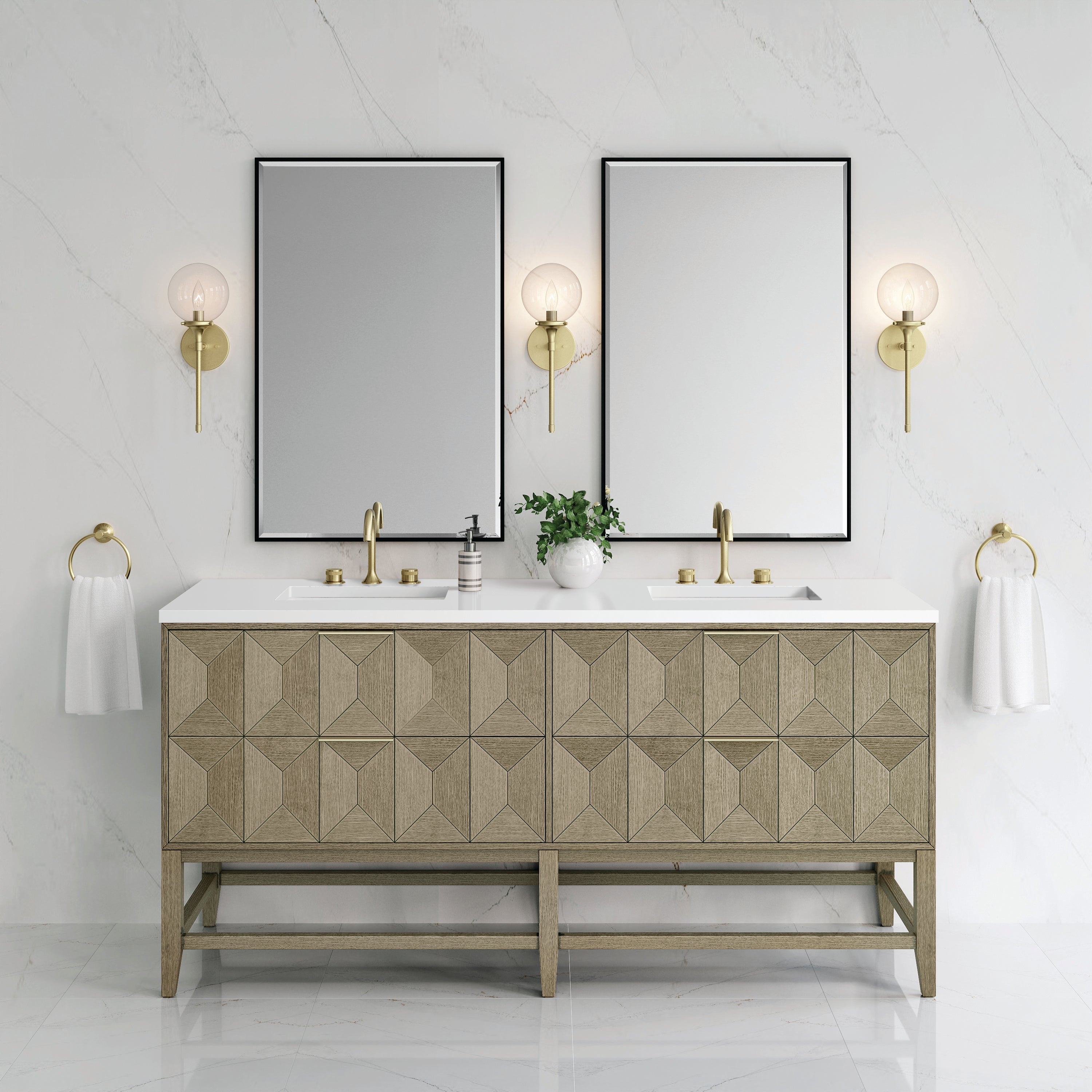 Emmeline 72 Inch Double Bathroom Vanity with Pebble Oak Finish & 3CM White Zeus Quartz Top - Perfect for Master Bathroom, Guest Bath or Powder Room Renovation
