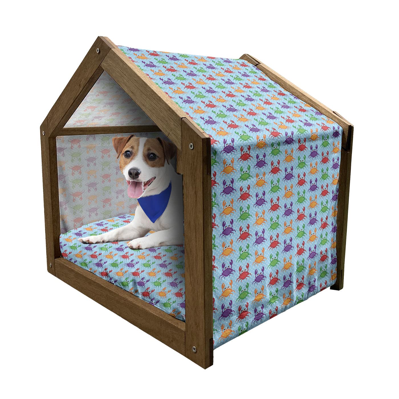 Ambesonne Wooden Pet House for Small Dogs - Cartoon Crab Art Design with Blue Bubble Print, Indoor & Outdoor Portable Dog Kennel with Removable Pillow & Cover - Perfect for Home, Yard, and Travel Use