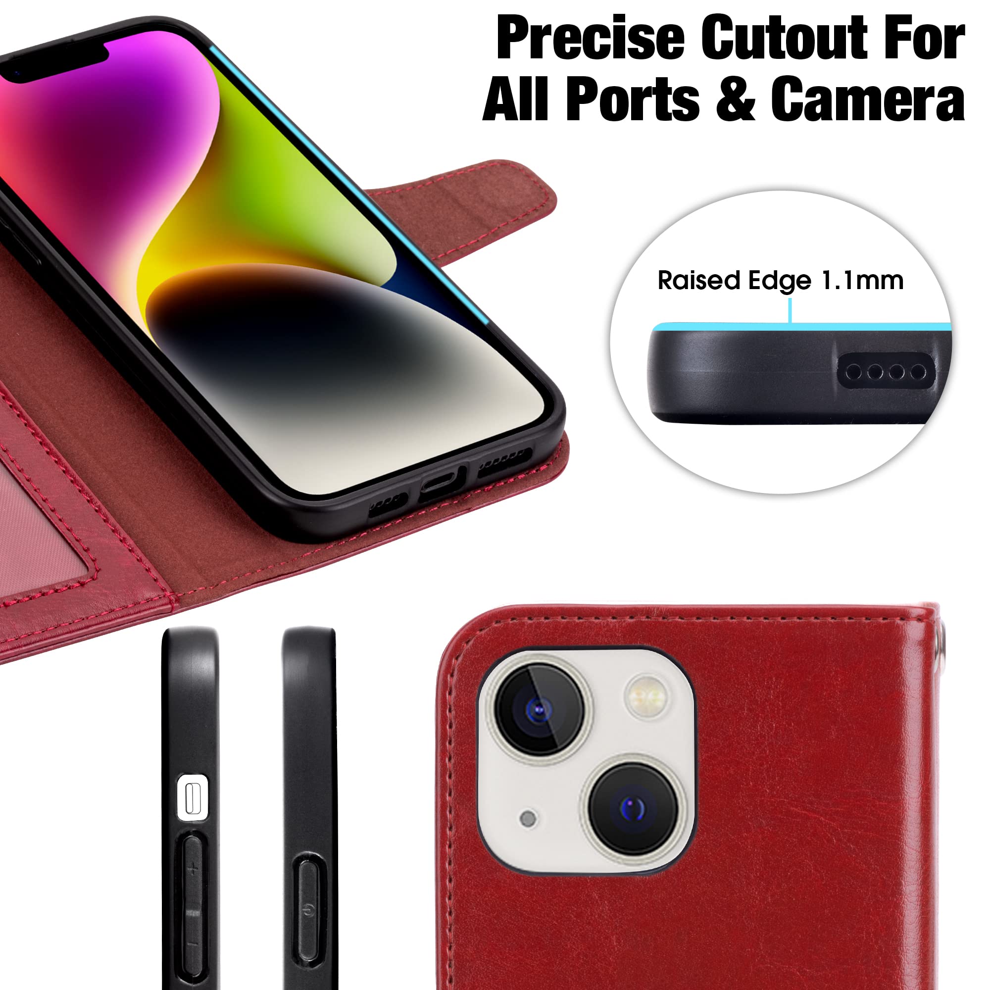 Arae iPhone 14 Wallet Case with Card Holder & Wrist Strap - Flip Cover for iPhone 14 6.1 Inch (Wine Red) - Perfect for Daily Use, Travel, and Hands-Free Convenience