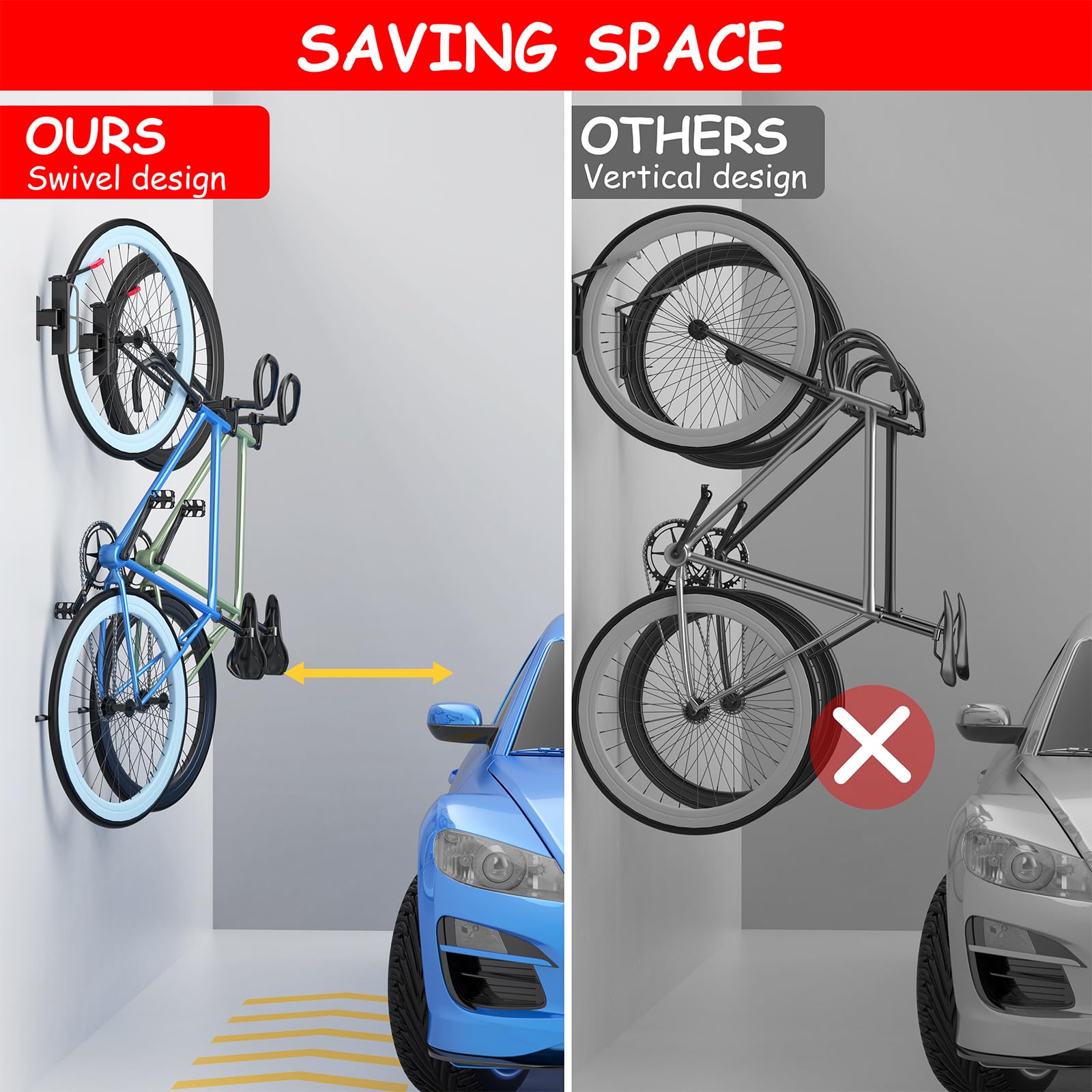 **2-Pack Wall Mounted Swivel Bike Rack with Tire Tray - 170° Adjustable Bike Hanger for Garage Storage - Vertical Bike Stand with 5 Secure Angles - Indoor/Outdoor Use for Home, Apartment, or Shed - Black**