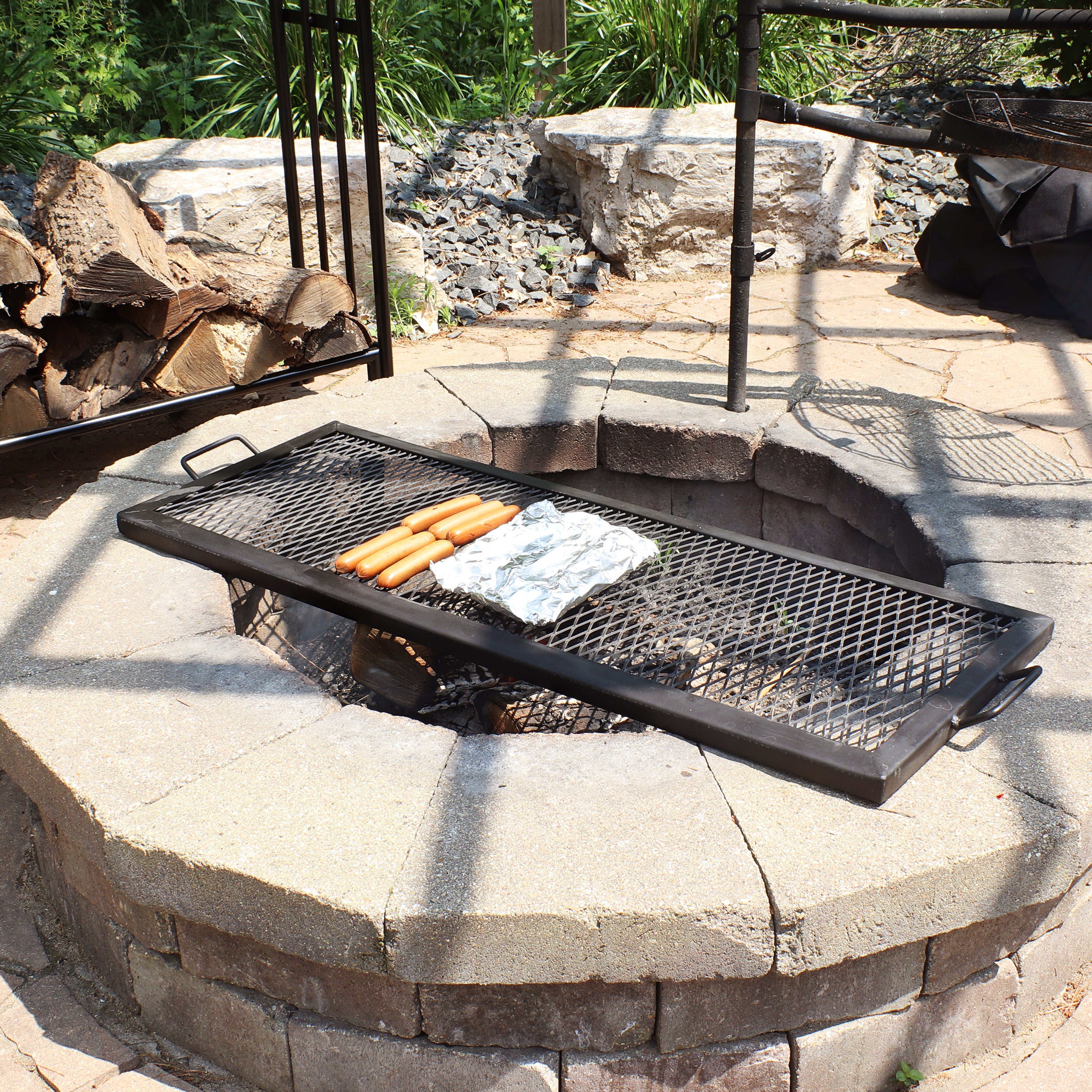 Sunnydaze X Marks 40-Inch Rectangle Fire Pit with Cooking Grill - Outdoor Camping, Backyard BBQ & Patio Fireplace Accessory