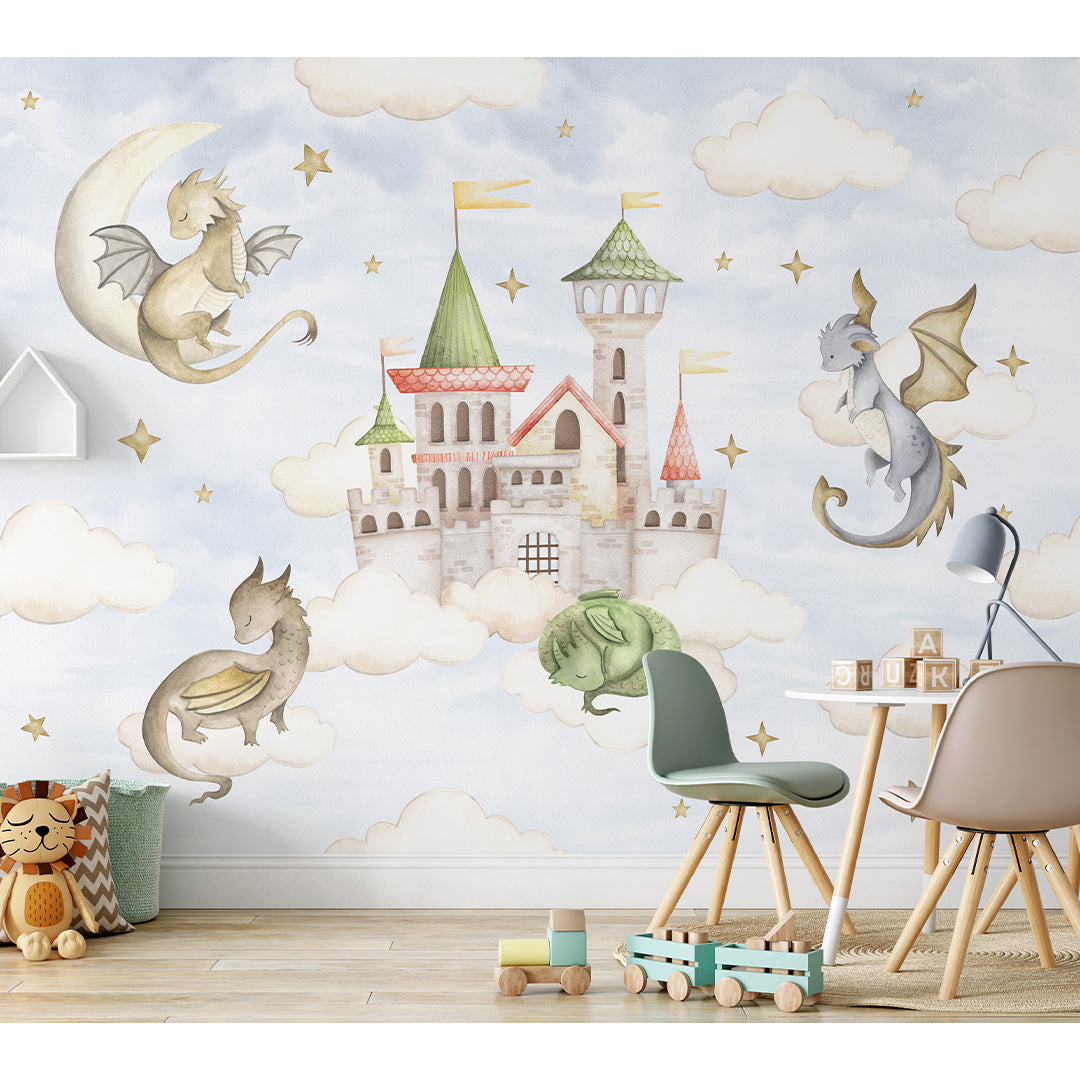 Blue Sky Dragons Castle Wall Mural SM035 - Fantasy Themed Kids Room Decor & Nursery Wall Sticker for Bedroom, Playroom, and Classroom