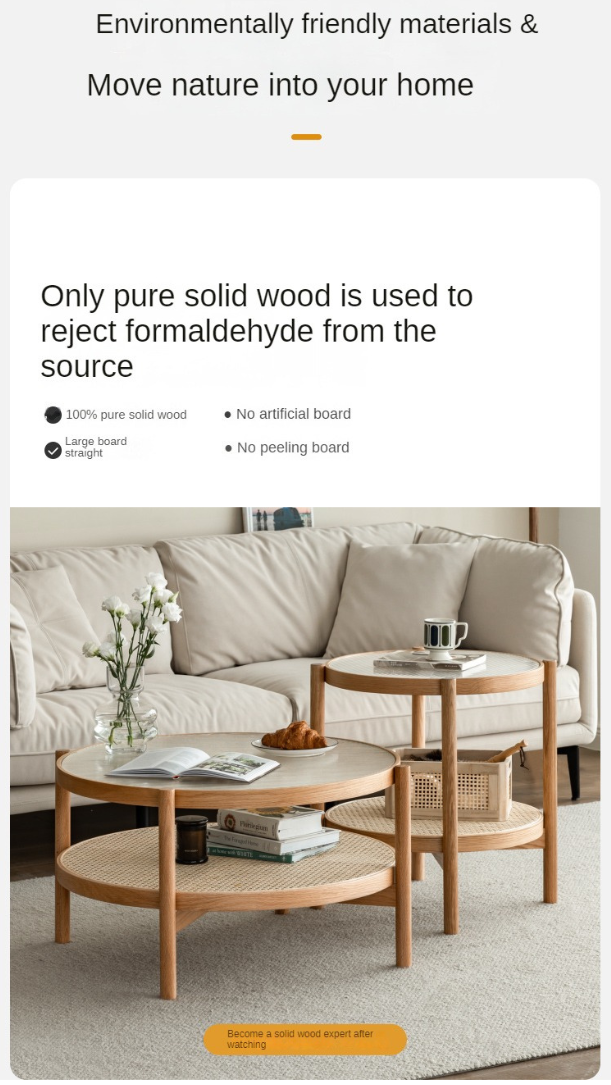 Stylish Oak Solid Wood Coffee Table with Glass Top and Rattan Accents - Perfect for Living Room, Lounge, and Home Decor