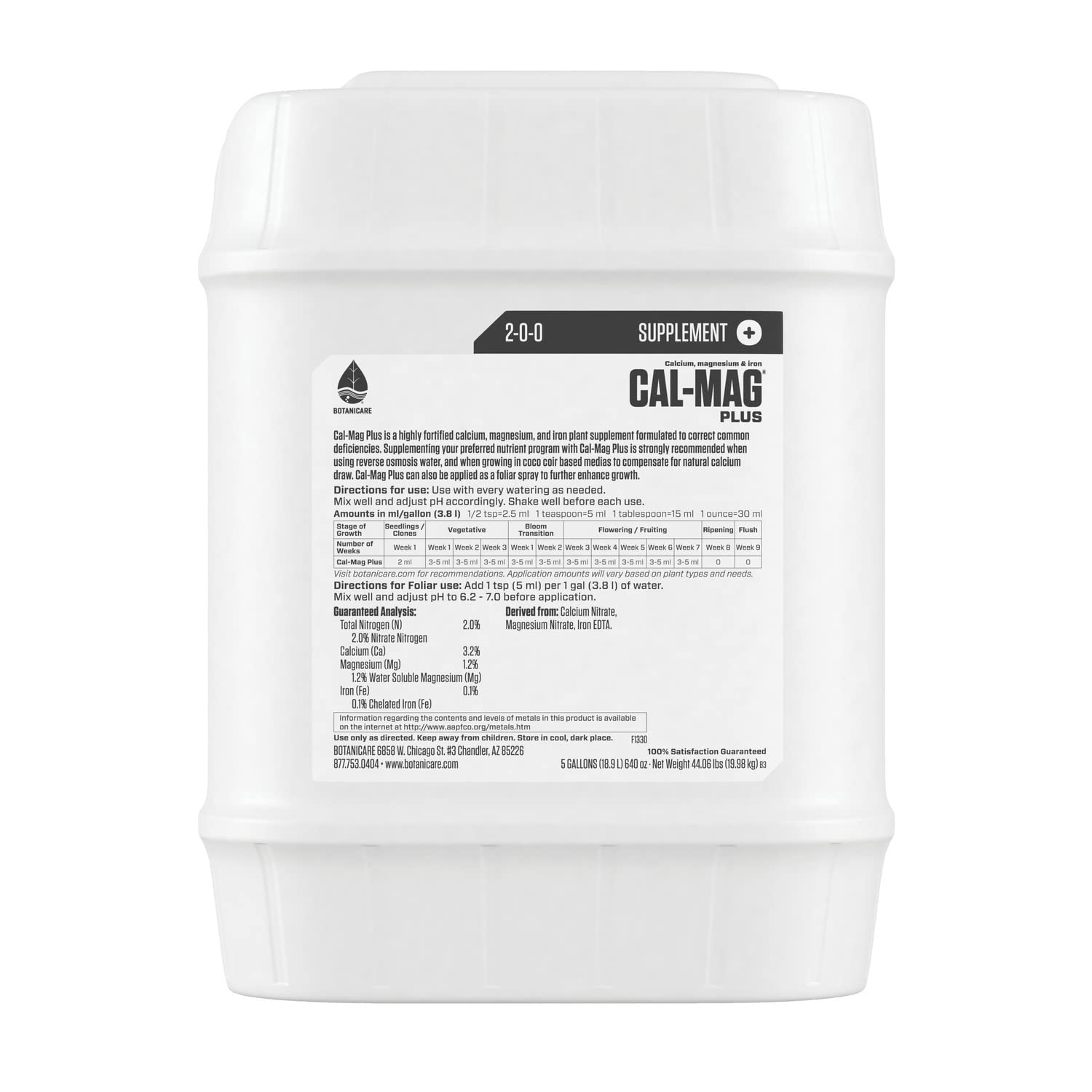 Botanicare Cal-Mag Plus Plant Supplement - Calcium, Magnesium & Iron for Healthy Plants | Corrects Nutrient Deficiencies | Water-Soluble or Foliar Spray | 2-0-0 NPK Formula | 5 Gallon | Ideal for Hydroponics, Indoor Gardening & Greenhouse Use