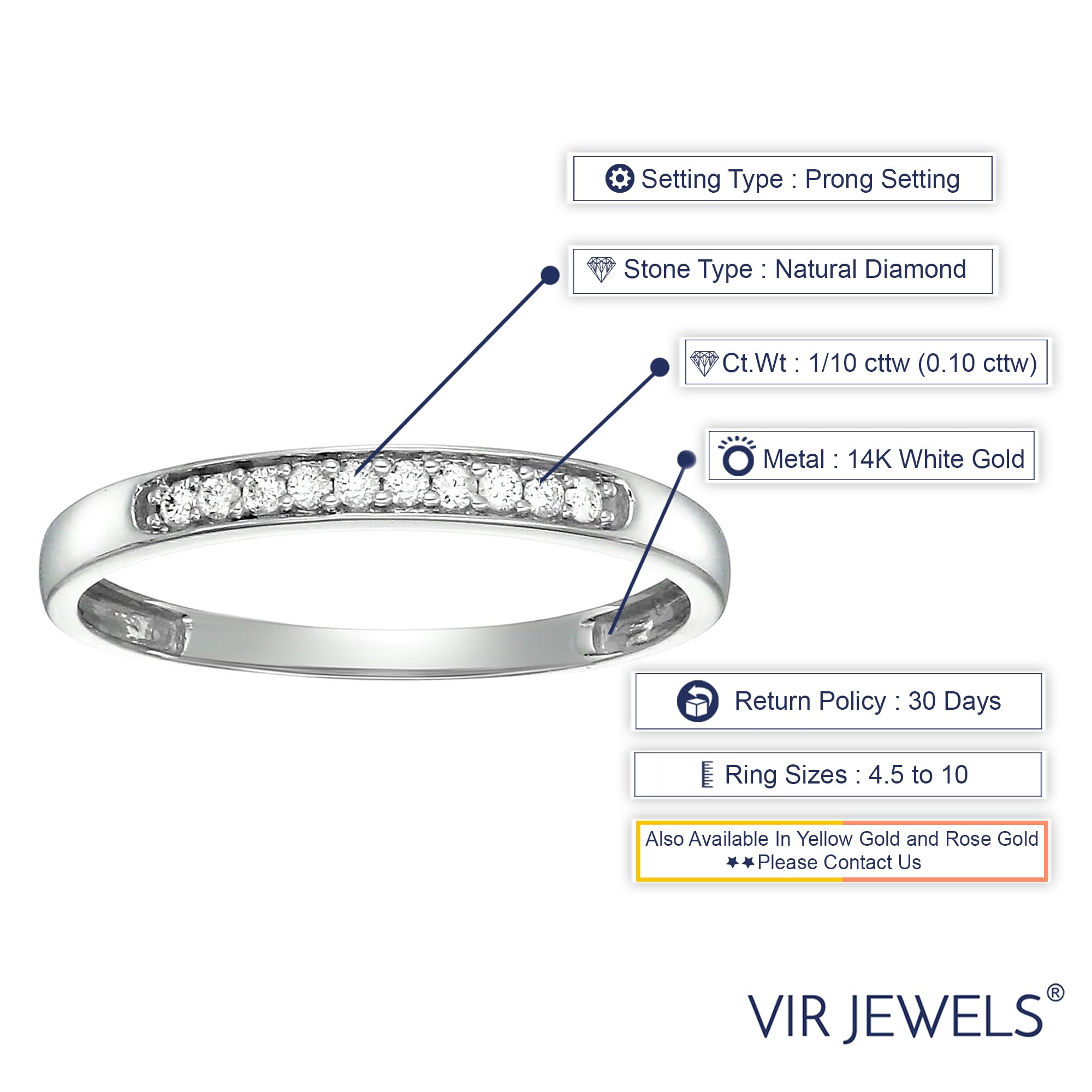 1/10 CTTW Diamond Wedding Band for Women - 14K White Gold Engagement Ring with 10 Prong Set Stones, Size 5-9 | Perfect for Anniversary Gifts, Bridal Jewelry & Special Occasions