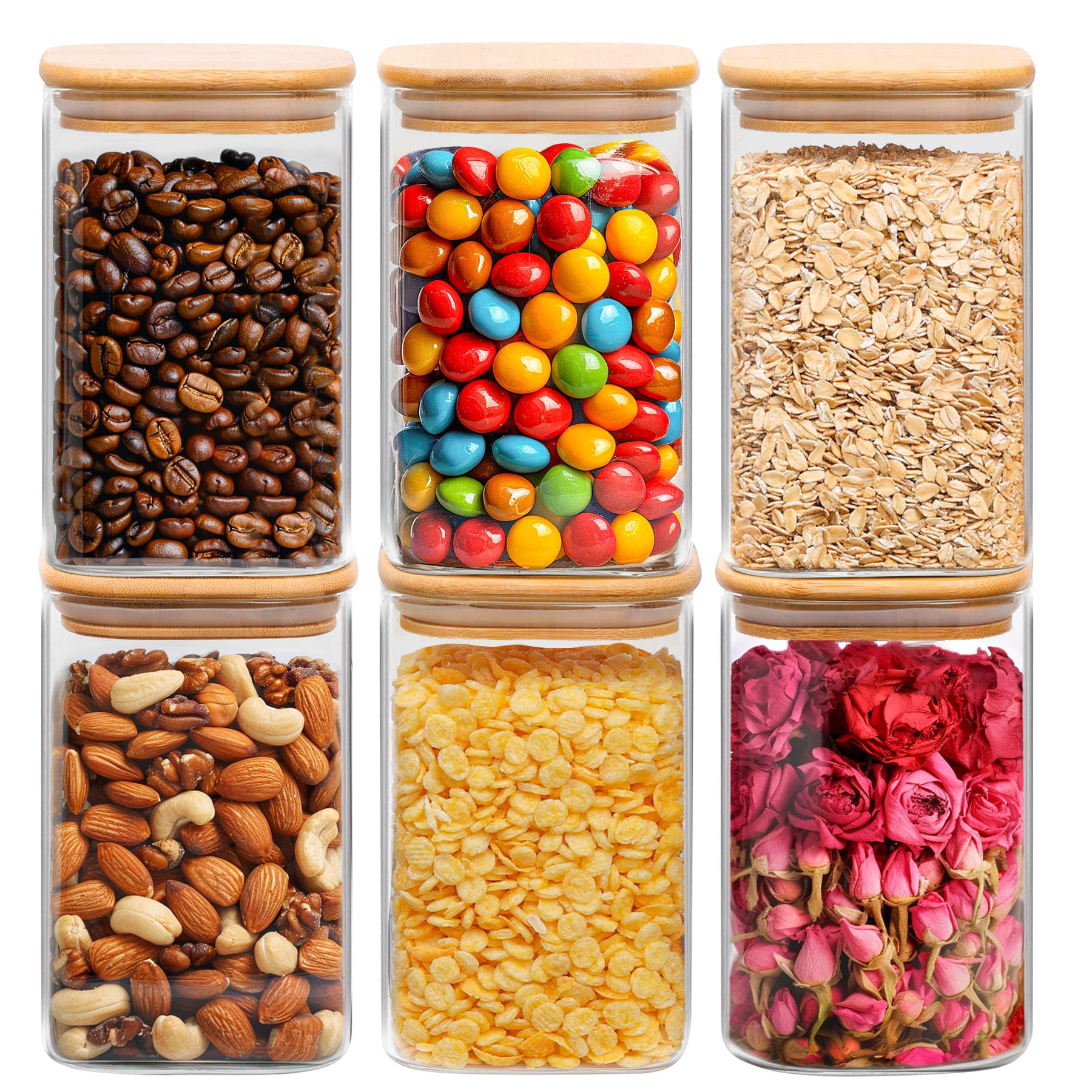 ComSaf 37 oz Glass Storage Containers with Airtight Lids - Set of 6 Clear Square Food Jars for Pantry Organization | Perfect for Storing Cookies, Flour, Oats, Pasta, Tea & Coffee Beans | Kitchen & Home Storage Solution
