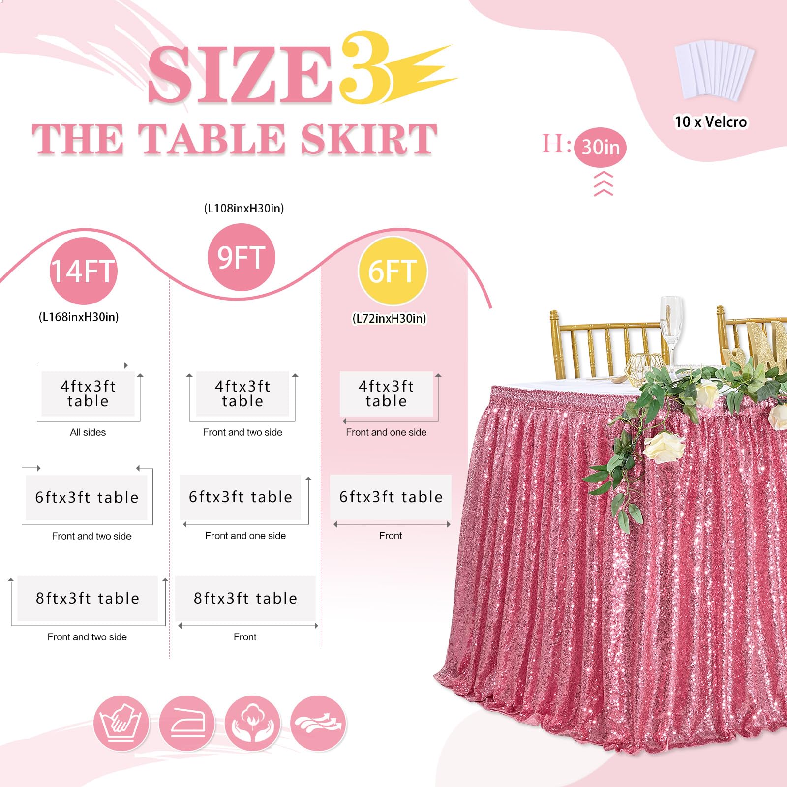 Blush Pink Sequin Table Skirt - 6ft Rectangle Party Table Cover with Sparkle for Baby Showers, Birthdays & Special Events | Elegant Table Decor for Weddings, Quinceañeras & Holiday Celebrations