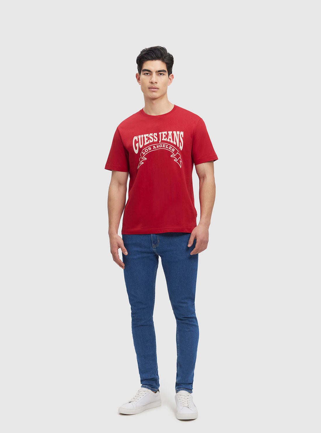 Guess Jeans Red Banner Graphic T-Shirt for Men - Casual Vintage Cotton Tee - Perfect for Streetwear, Outfits & Everyday Wear
