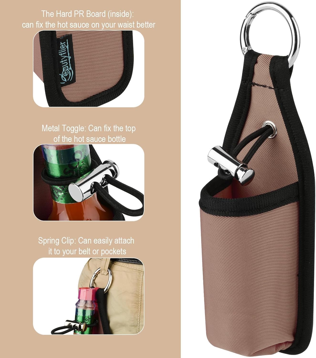 Beautyflier 2oz/60ML Hot Sauce Bottle Sleeve Holder - Portable Belt Clip for Tabasco & Sriracha - Perfect for Hot Sauce Lovers - Light Brown & Orange - Ideal for BBQ, Camping, and Outdoor Cooking Accessories