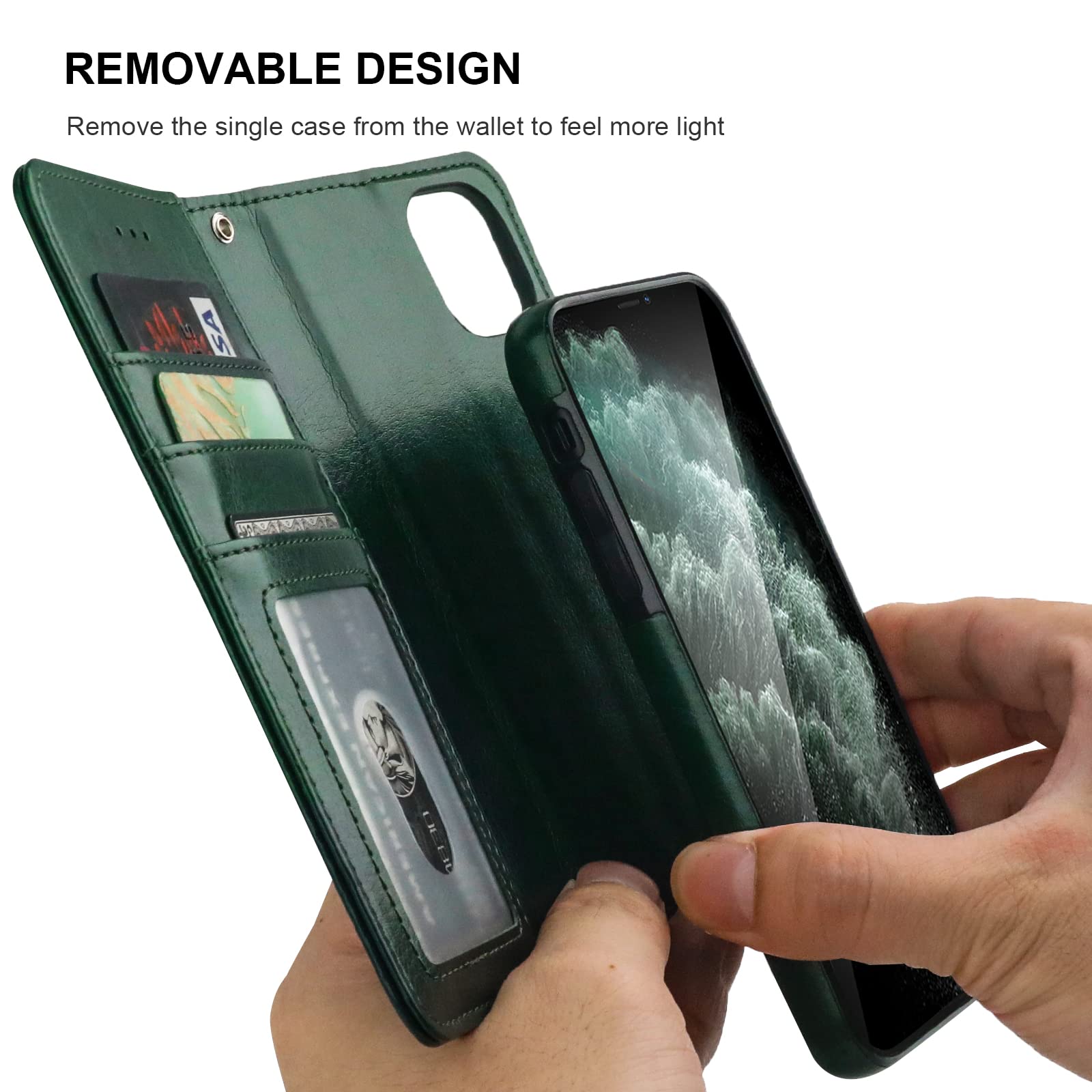 Premium PU Leather Magnetic Detachable Wallet Case for iPhone 11 Pro Max - Card Holder, Kickstand & Shockproof Protection with Wrist Strap (6.5 Inch, Green) | Perfect for Daily Commute, Travel & Hands-Free Convenience