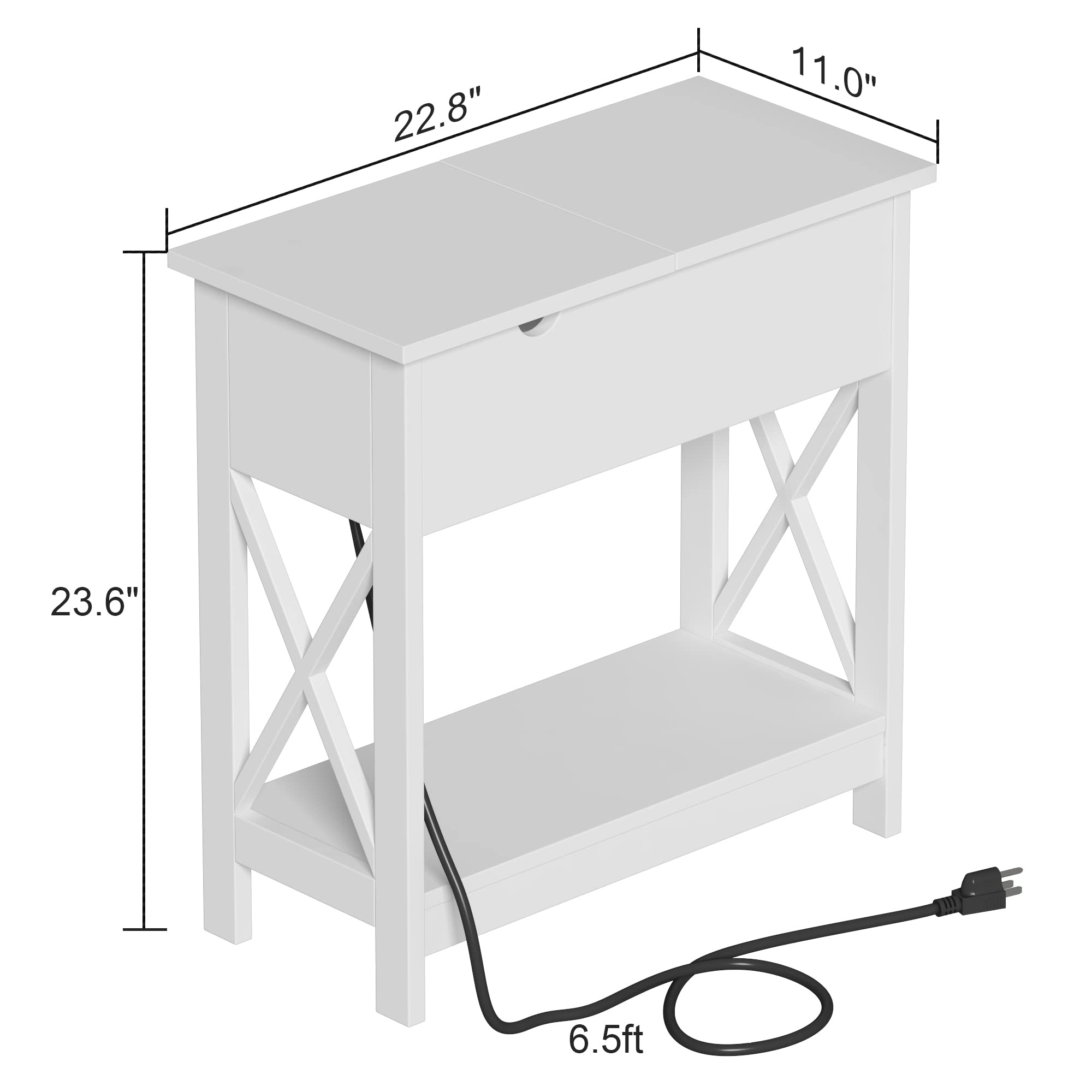 ChooChoo Narrow Flip Top End Table with Built-in Charging Station - 2 Pack White Nightstand with USB Ports & Power Outlets - Space Saving Side Table for Living Room, Bedroom, Office | Perfect for Small Apartments, Dorms & Studio Spaces