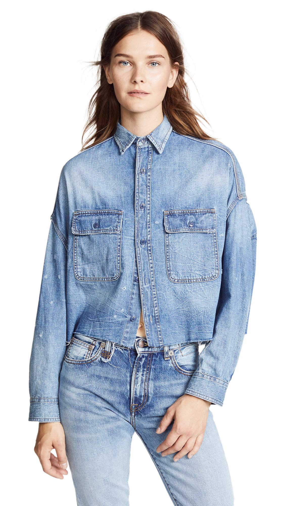 R13 Women's Cropped Denim Shirt - Vintage Distressed Denim Top for Women | Casual Streetwear & Layering Outfits | Perfect for Music Festivals, Date Nights & Everyday Wear