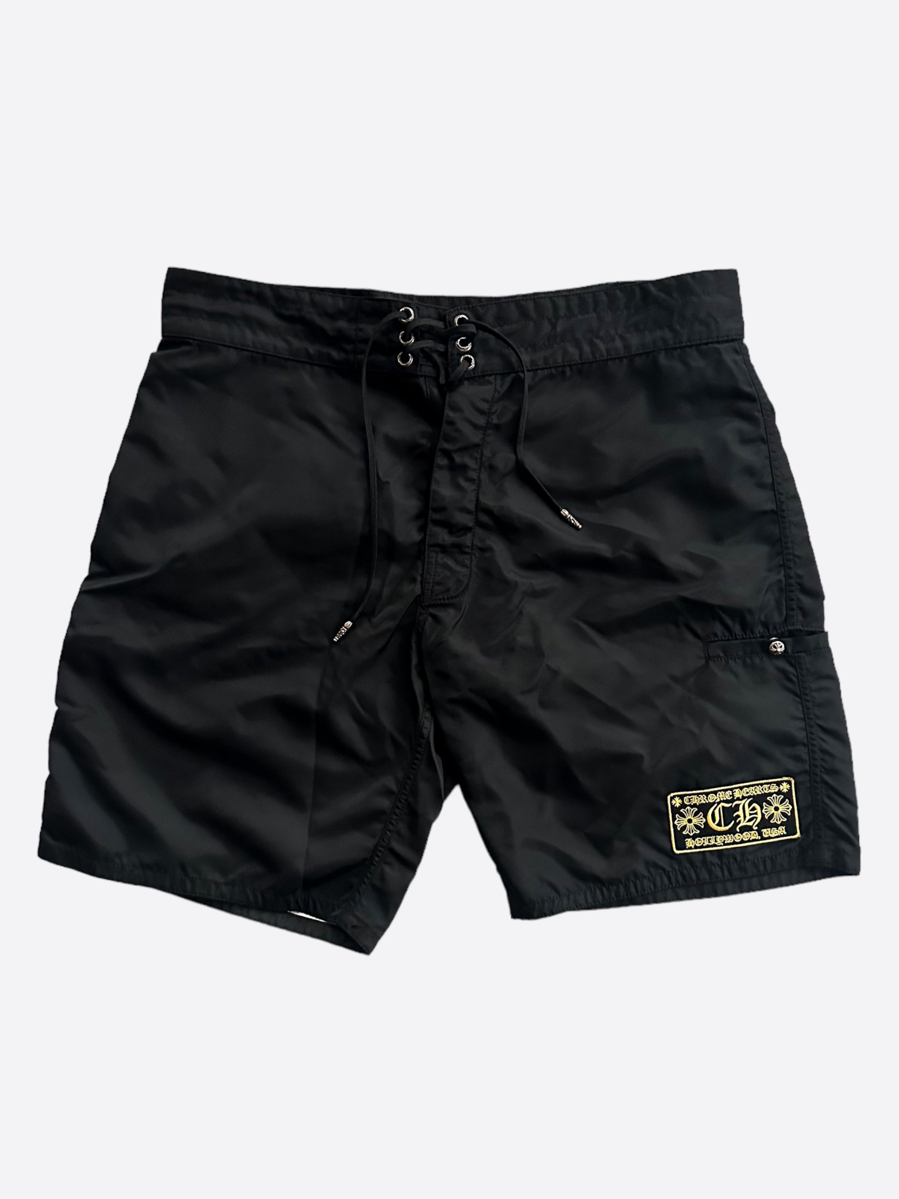 Chrome Hearts Black & Yellow Patch Swim Shorts for Men - Stylish Beach & Pool Swimwear for Summer Vacations