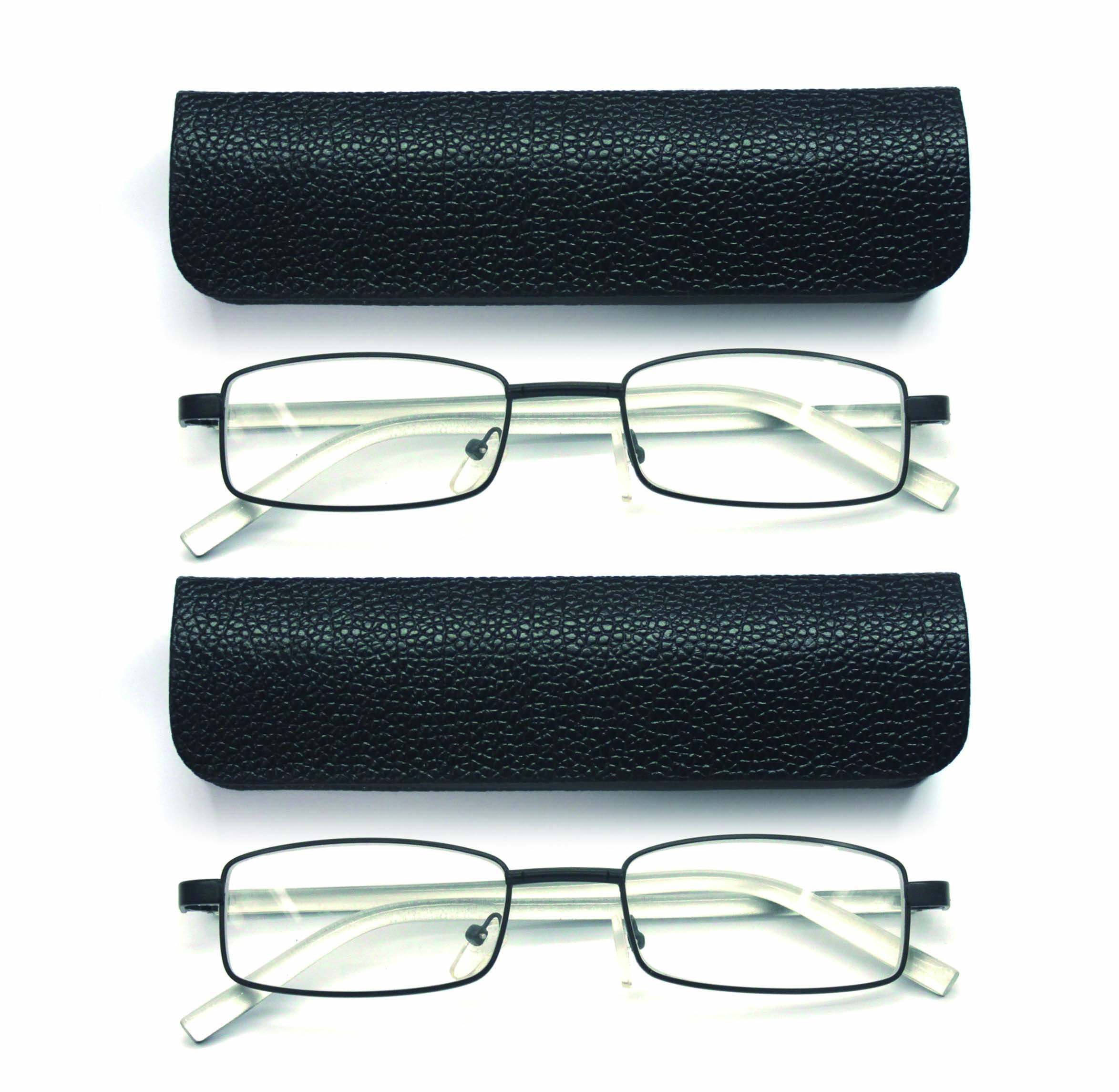 2 Pack EYE ZOOM Rectangular Reading Glasses - Metal Frame Unisex Glasses with Premium Leather Case for Men & Women | Perfect for Reading, Office Work & Daily Use