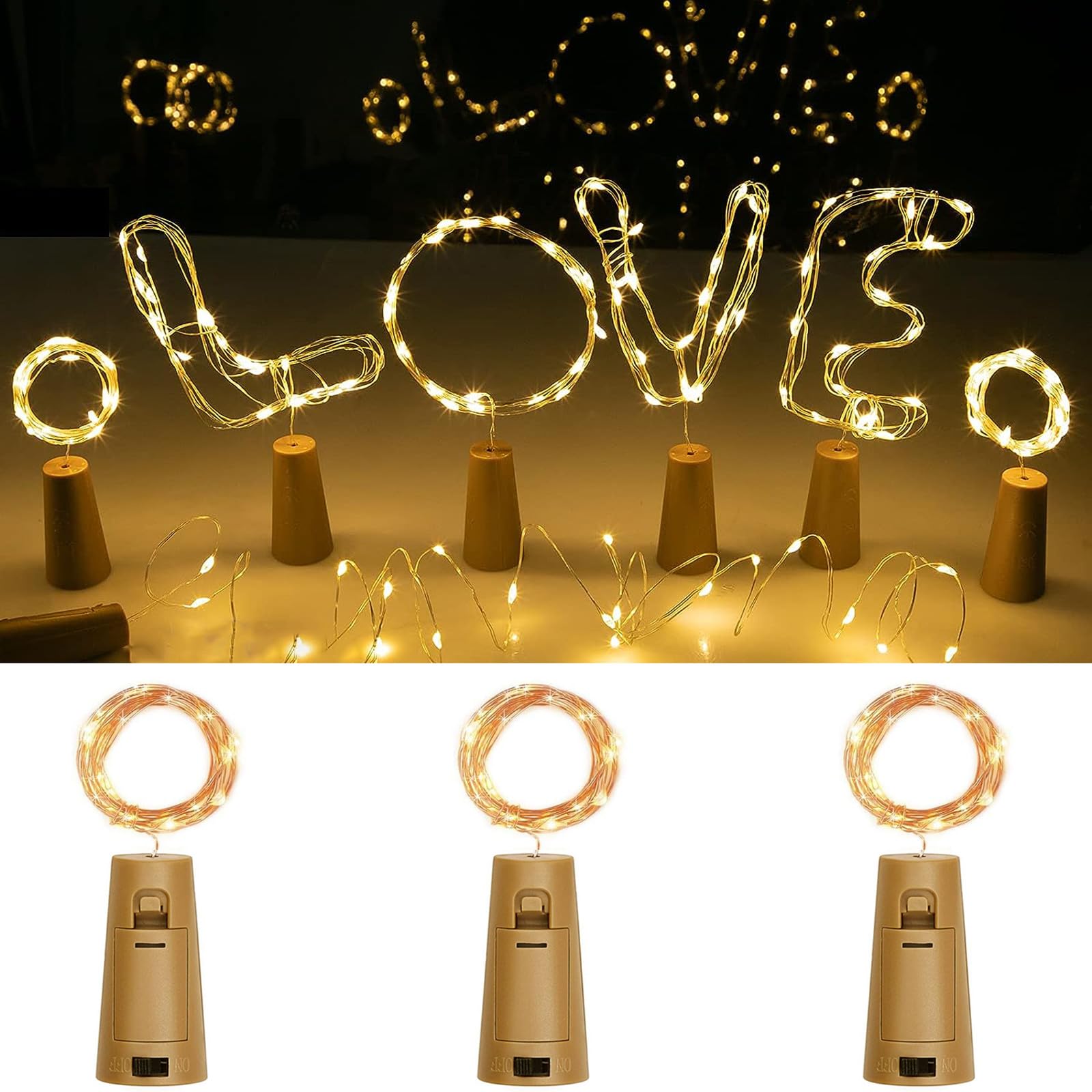 AONAT 3 Pack LED Bottle Lights - 2m 20 LED Battery Powered Copper Wire String Lights for Wine Bottles - Warm White Decorative Lighting for Christmas, Weddings, Parties & Home Decor