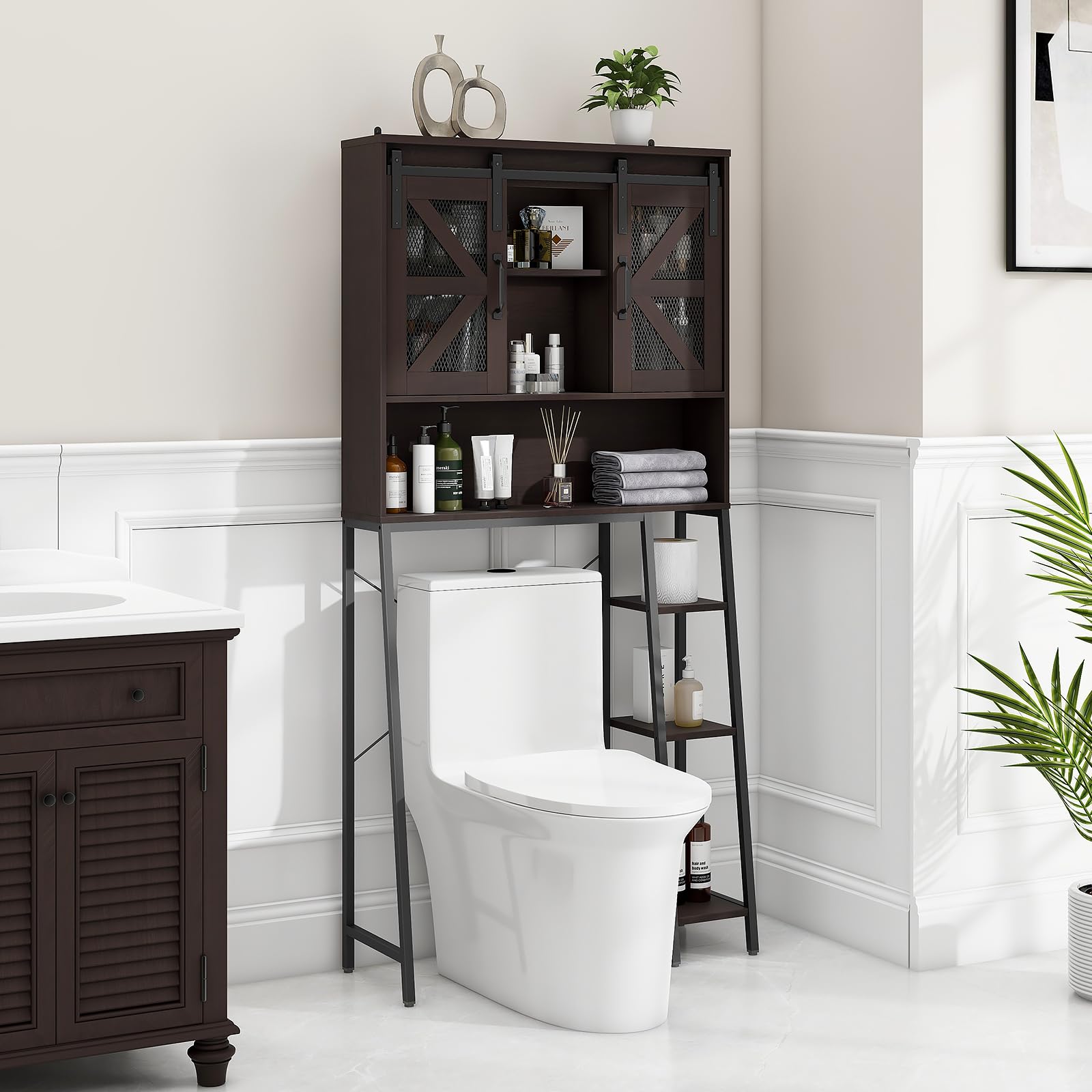 Farmhouse Over The Toilet Storage Cabinet with 2 Sliding Barn Doors - Space Saving Bathroom Organizer for Toiletries, Towels & Laundry - Perfect for Small Bathrooms, Restrooms & Apartment Living (Espresso Finish)
