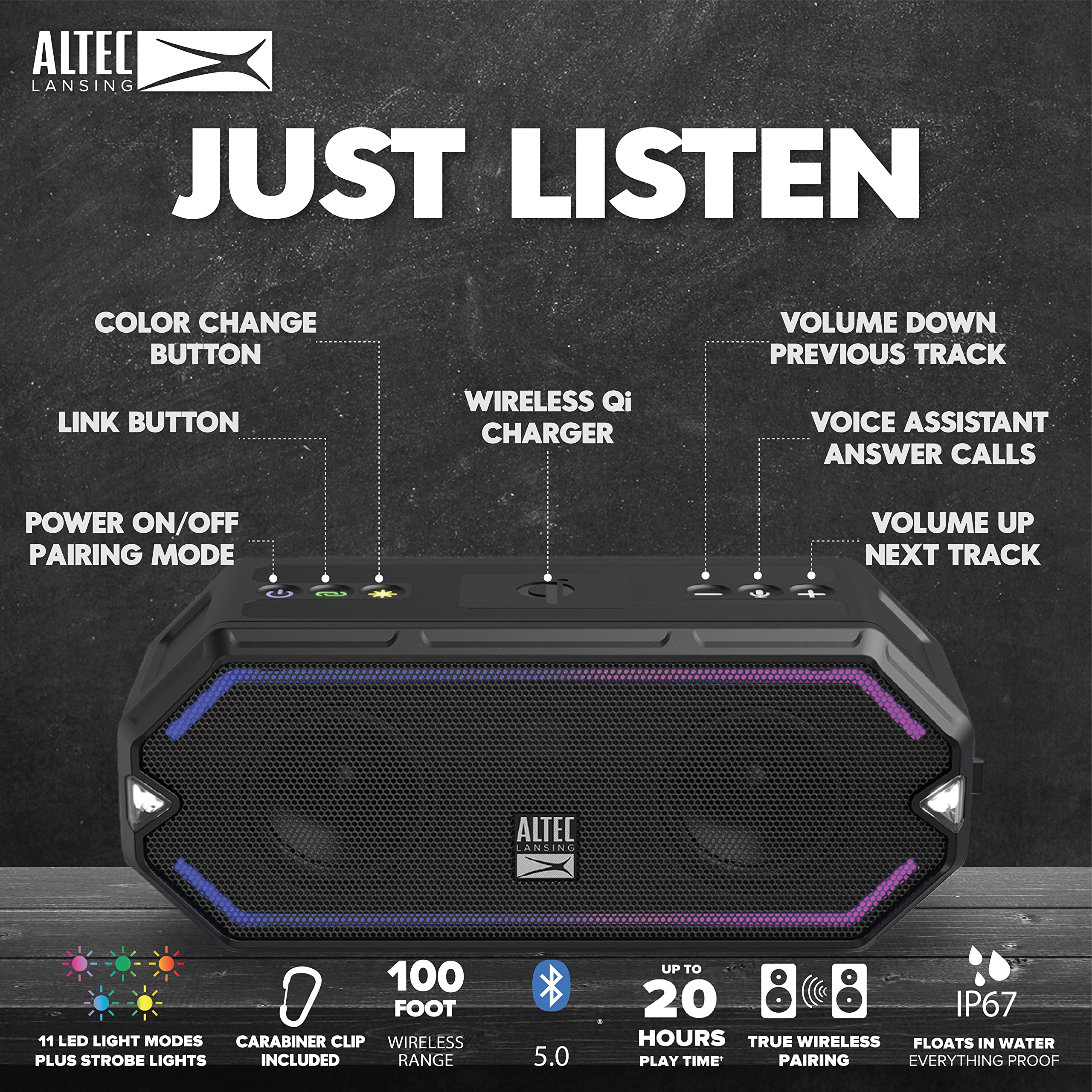 Altec Lansing HydraBlast Wireless Bluetooth Speaker - IP67 Waterproof, 20H Playtime, USB-C Rechargeable with Built-in Phone Charger & LED Lights - Perfect for Outdoor Parties, Beach, Pool & Camping (Black)