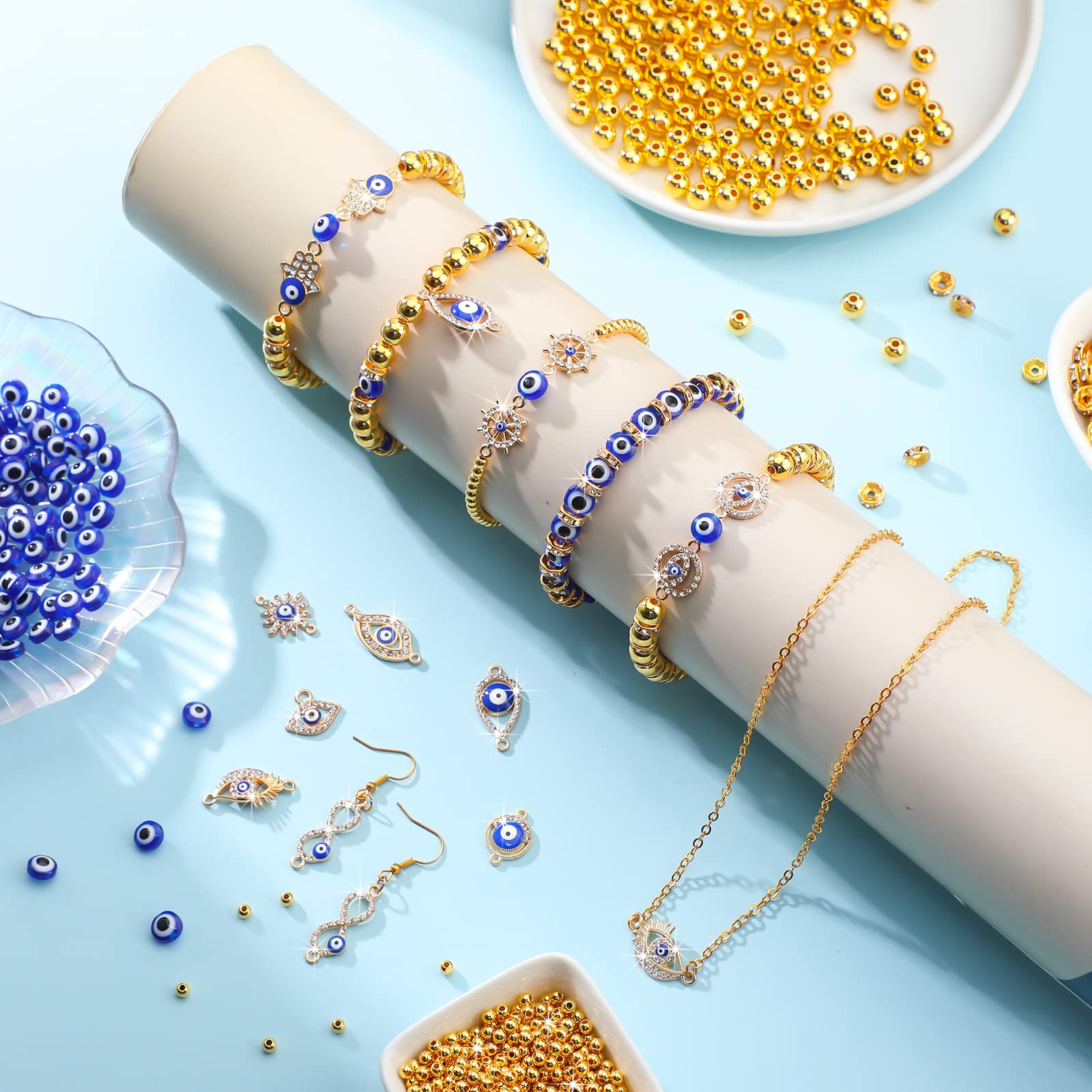 1450 Pcs Evil Eye Beads Kit with Rhinestones - Includes 200 Evil Eye Charms, 20 Hand Charms, 180 Rondelle Spacers, 800 4mm & 250 8mm Round Beads for DIY Jewelry Making - Perfect for Bracelets, Necklaces, Earrings & Home Decor