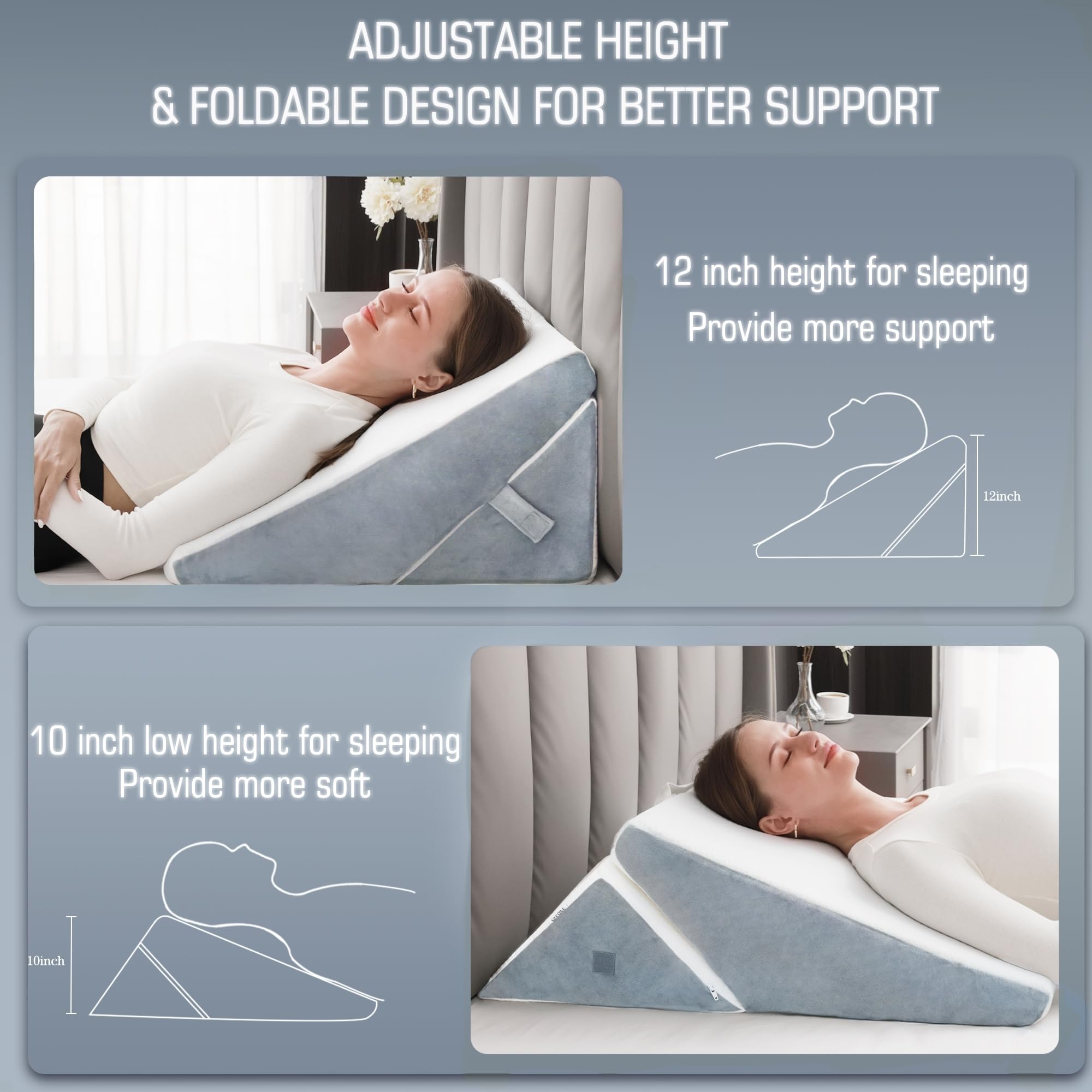 FSCGIFE Adjustable Bed Wedge Pillow for Sleeping - 9&12 Inch Memory Foam Wedge Pillow for Post-Surgery, Acid Reflux, GERD & Snoring Relief - 7-in-1 Triangle Support Pillow for Back Pain, Reading & Relaxation in Bed
