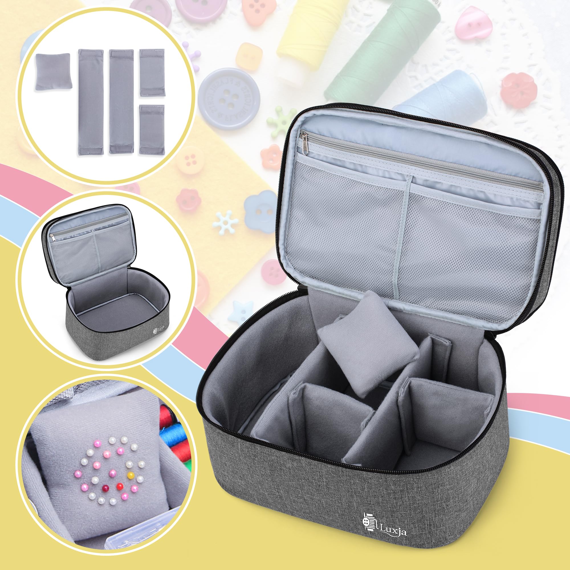 Luxja Double-Layer Sewing Accessories Organizer - Large Gray Storage Case for Needles, Thread, Scissors, Measuring Tape & Sewing Tools | Perfect for Home Sewing, Quilting, Craft Projects & Travel