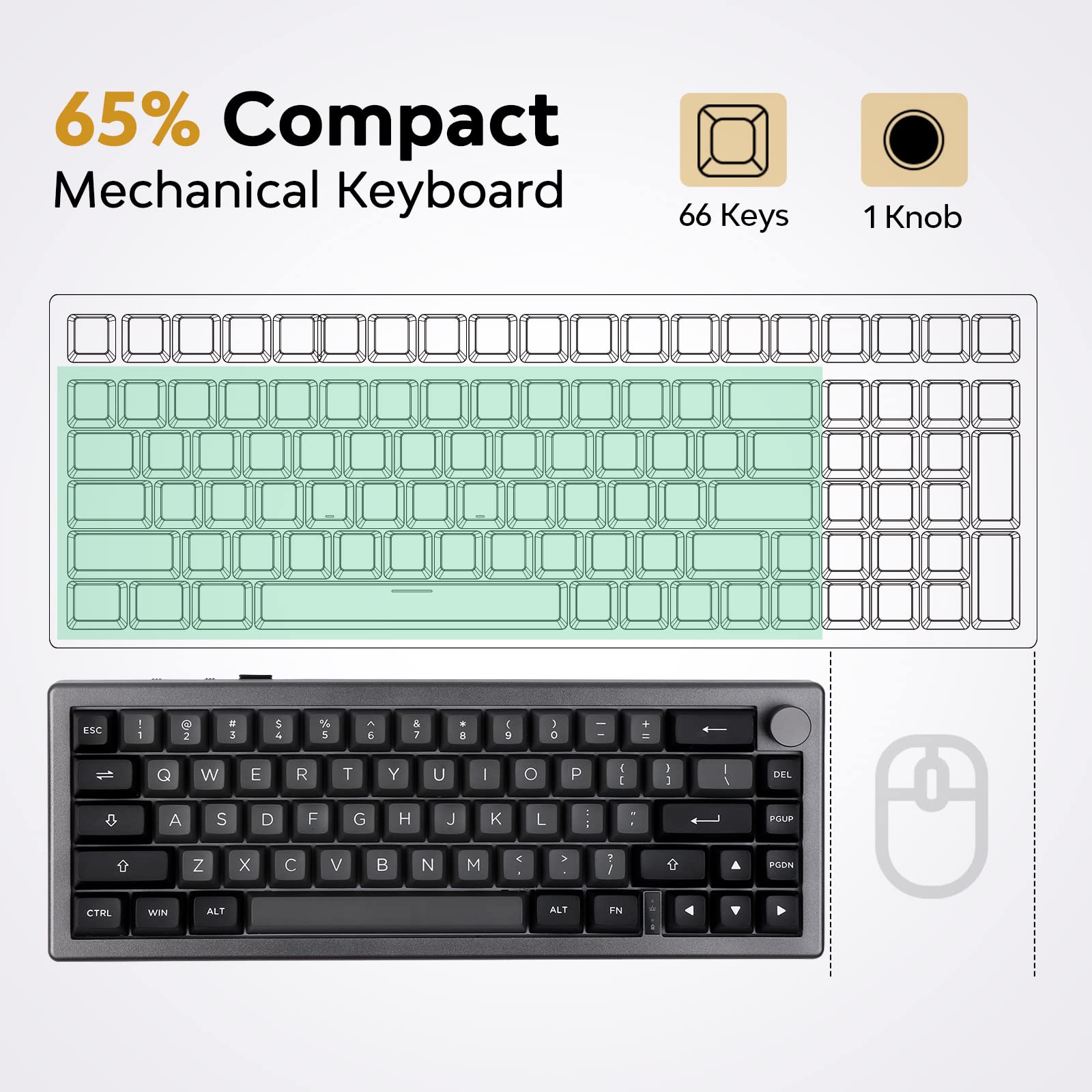 EPOMAKER EK68 65% Wireless Mechanical Gaming Keyboard - Hot Swappable Gasket Mount, Bluetooth 5.0/2.4Ghz/USB-C Wired, Customizable Metal Knob (Black Silver, Budgerigar Switch) - Perfect for Esports, Office Work & Typing Enthusiasts