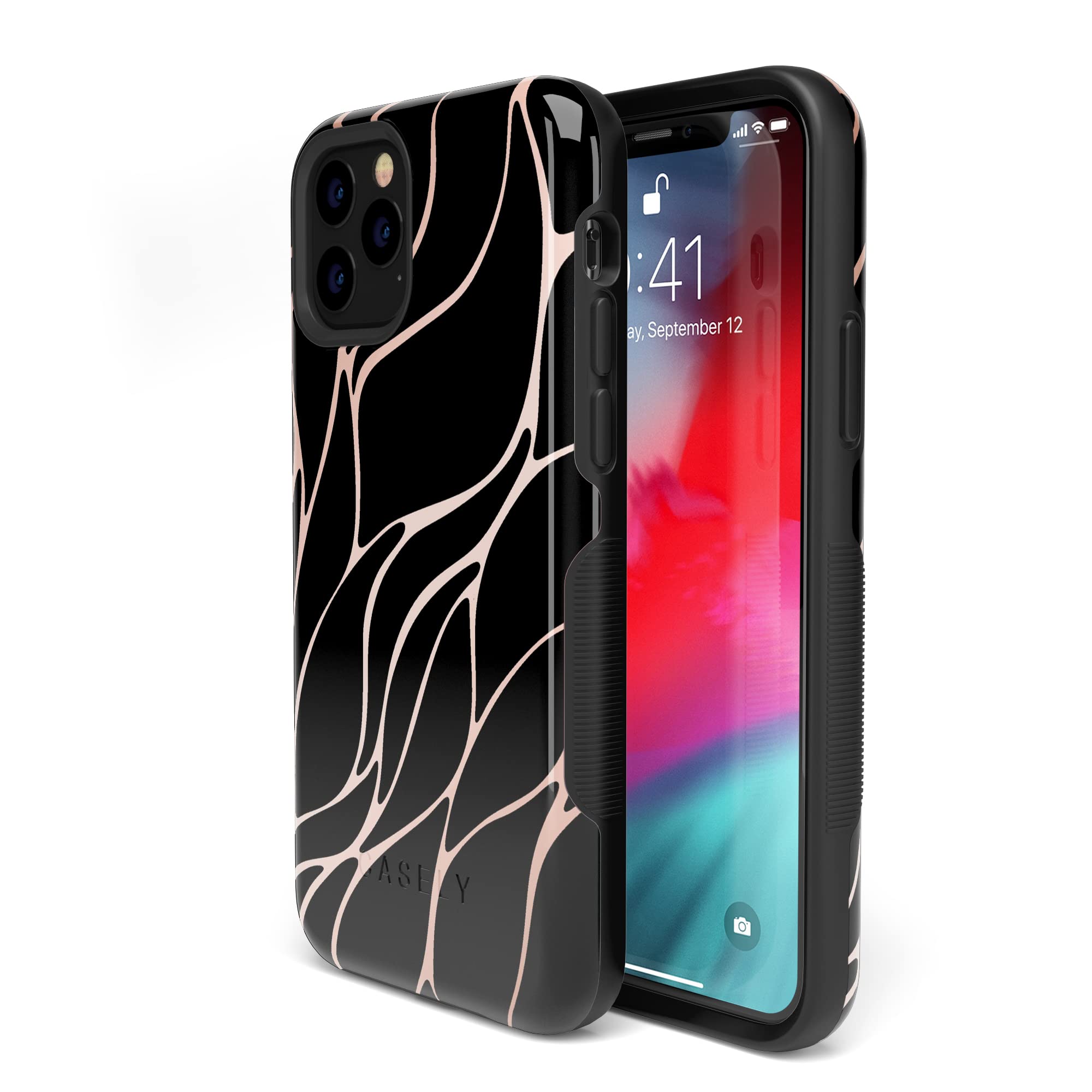 Casely iPhone 11 Pro Max Case - Sleek Black & Gold Metallic Waves Protective Cover | Durable Shockproof Phone Case for Everyday Use, Work & Travel