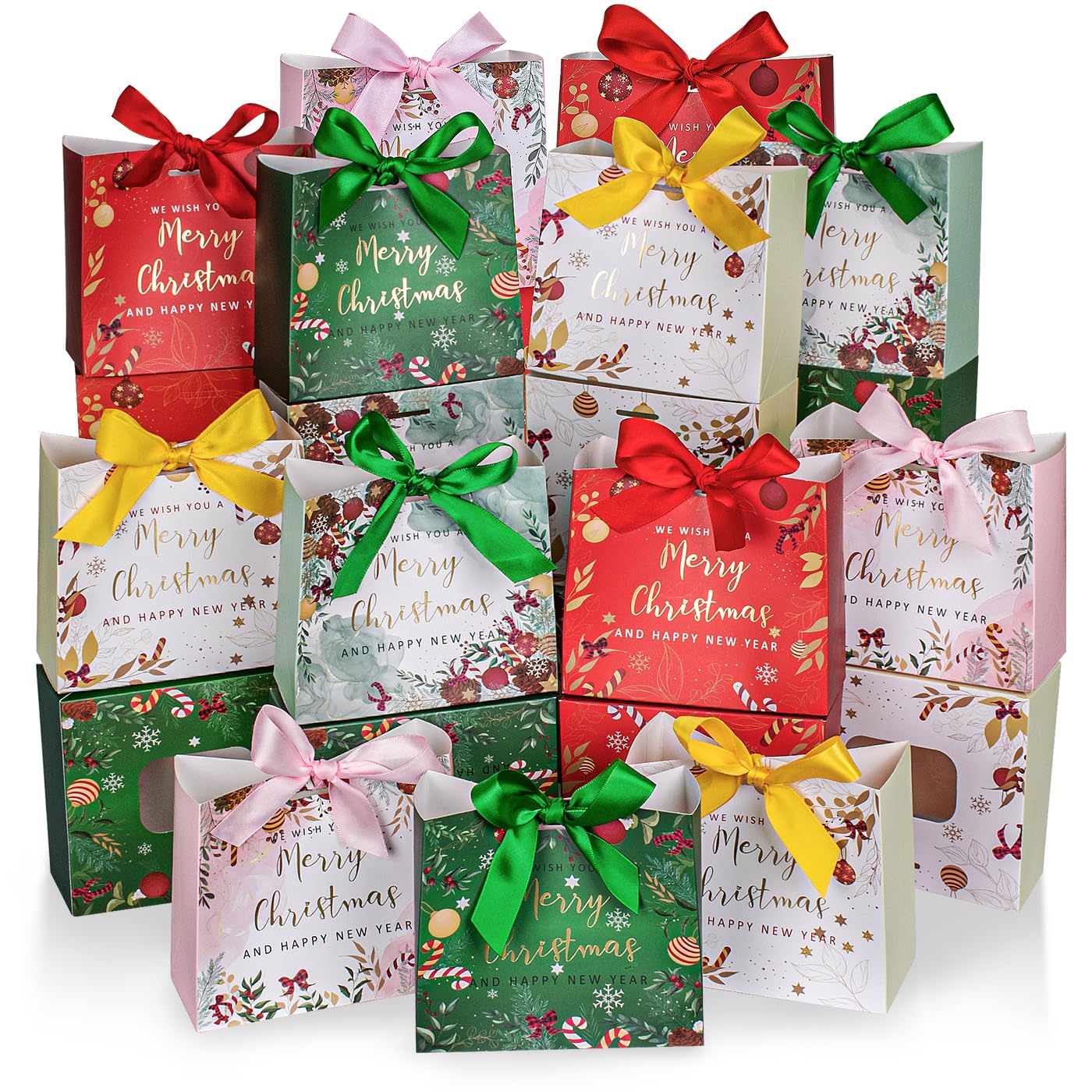 25-Pack Mini Christmas Gift Bags with Ribbon - 5.1 x 4.5 x 2.2 Inch Holiday Party Favor Bags in Assorted Colors - Perfect for Xmas Presents, Stocking Stuffers & Small Gift Wrapping