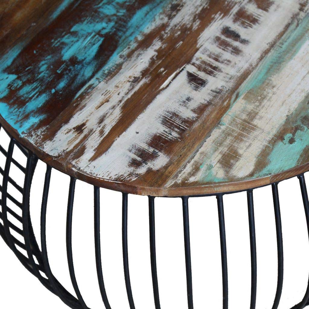 Handmade Reclaimed Wood Round Coffee Table with Iron Frame - Rustic End Side Table for Sofa & Couch - Perfect for Living Room, Lounge & Home Decor