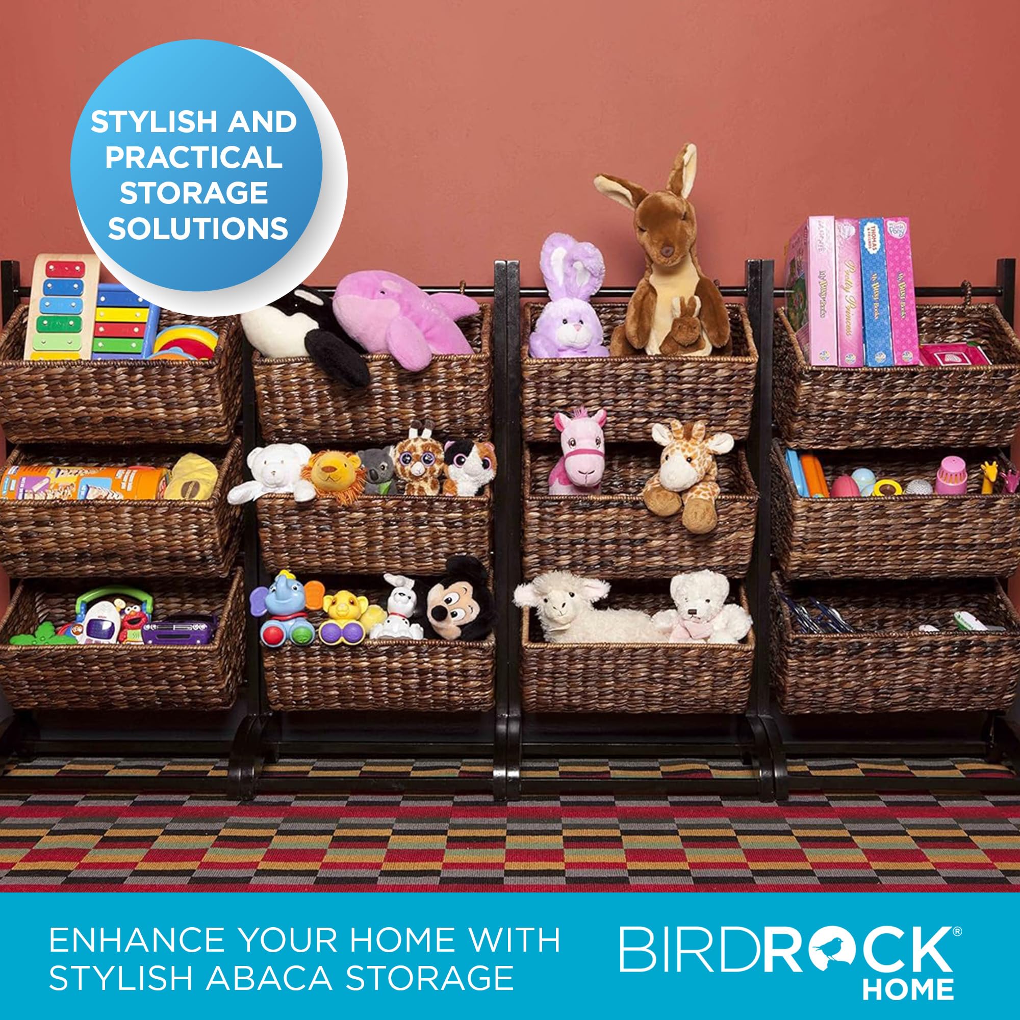 BIRDROCK HOME 3-Tier Storage Shelf with Solid Wood Frame & Handwoven Abaca Baskets - Durable Organizer for Living Room, Bedroom, Kitchen - Natural Brown & Espresso Finish - Perfect for Storing Blankets, Toys, Books & Kitchen Essentials