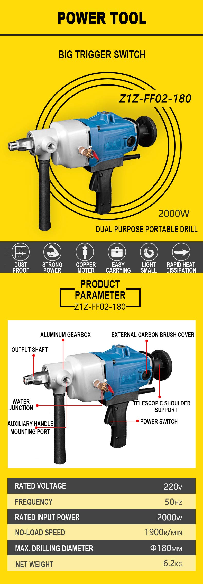 Huanyu 1900 RPM Handheld Core Drill Rig - Diamond Concrete Drilling Machine for Wet & Dry Use (φ180MM) - Perfect for Construction, Plumbing, and Electrical Installations
