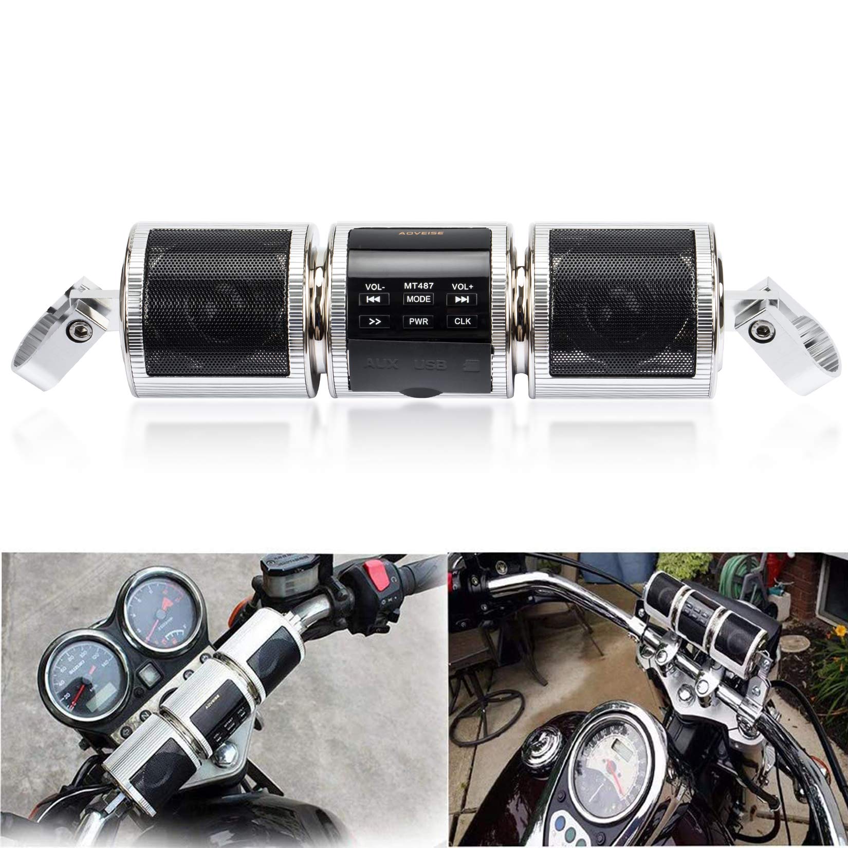 PSLER Waterproof Bluetooth Motorcycle Speaker - Handlebar Mount Stereo Sound System with FM Radio & MP3 Player for Motorcycle, Scooter, Bike, ATV - Perfect for Outdoor Adventures & Road Trips (Silver)