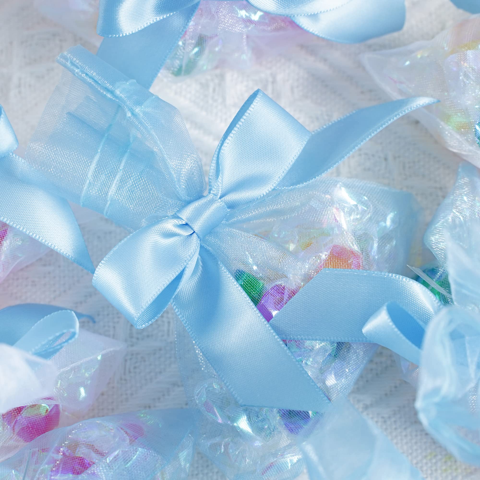 AIMUDI 2.5 Inch Light Blue Satin Ribbon Pretied Bows - 50 Count for Baby Showers, Wedding Favors, Gift Wrapping, Cake Decorations, Party Decor & Craft Projects