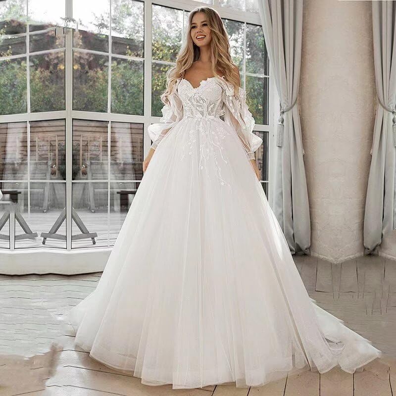 SoDigne 2024 Lace Applique Long Sleeve Tulle Wedding Dress - Elegant A-Line Bridal Gown for Summer Weddings, Beach Ceremonies & Outdoor Receptions