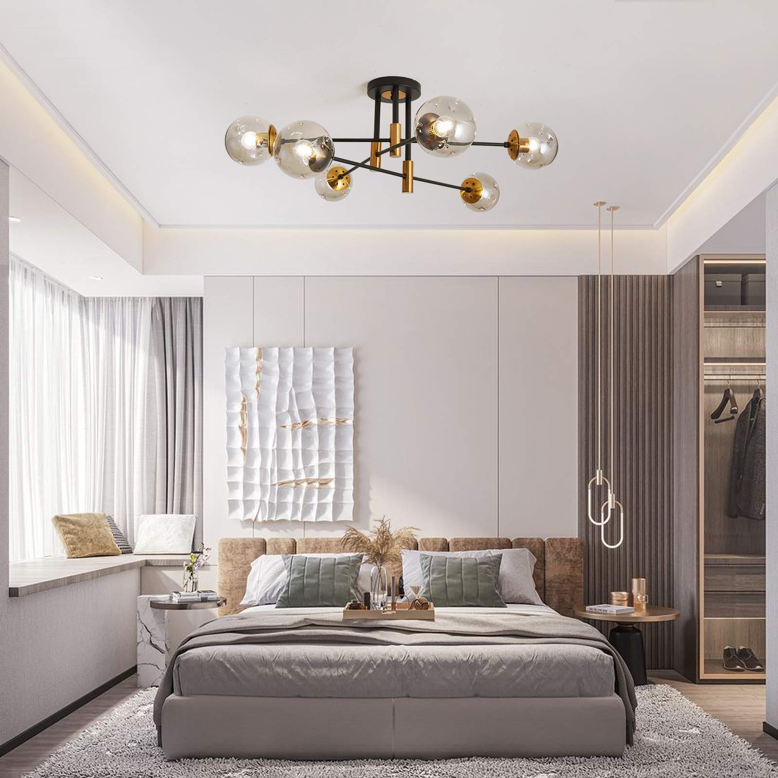 Modern 6-Light Glass Chandelier - Farmhouse Flush Mount Ceiling Light for Dining Room & Living Room
