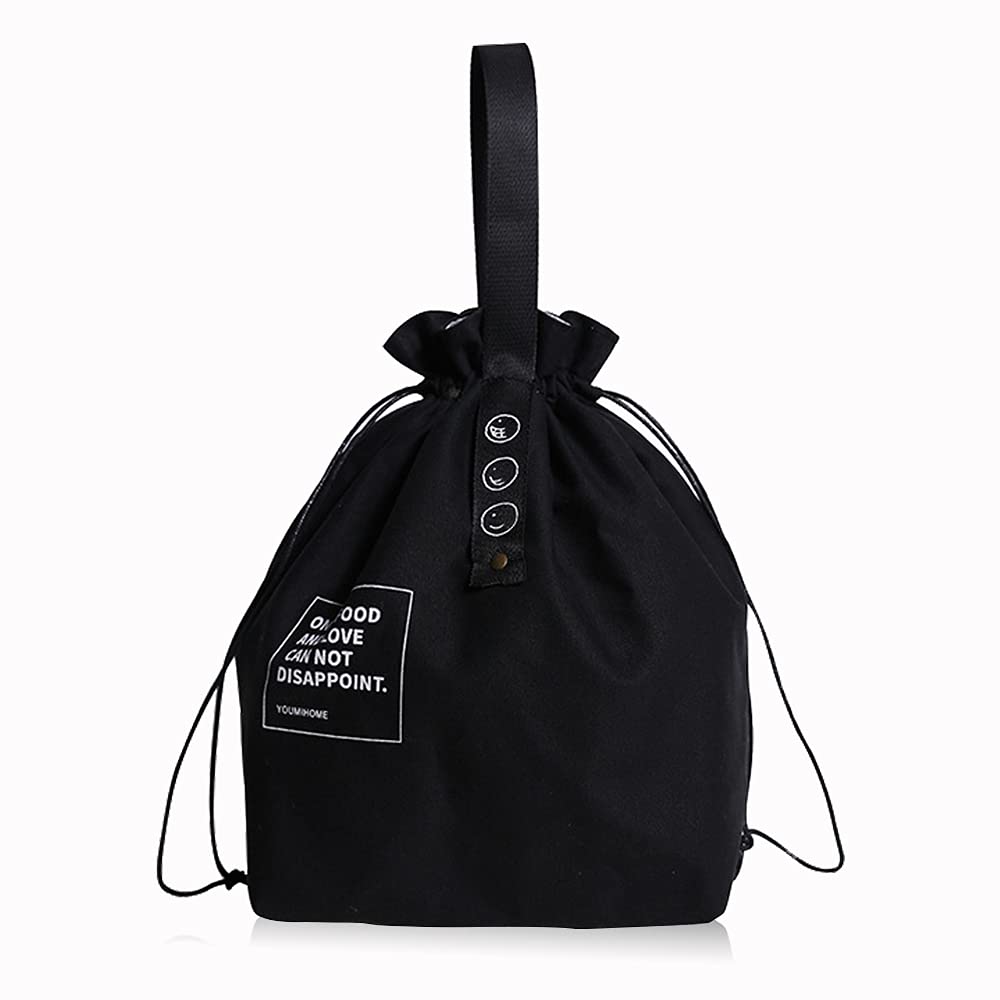 Insulated Canvas Lunch Bag with Drawstring Closure - Foldable Lightweight Cooler Tote for Work, Office, Picnic & Outdoor Activities - Black Lunch Box for Adults & Kids