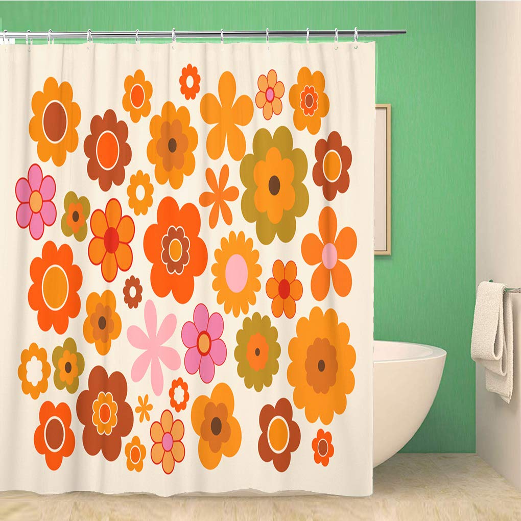 Vintage 70s Orange Flower Shower Curtain - Retro Green Power 1970s Style, 66x72 Inches Waterproof Polyester Bathroom Decor with Hooks - Perfect for Boho, Hippie & Retro Themed Bathrooms