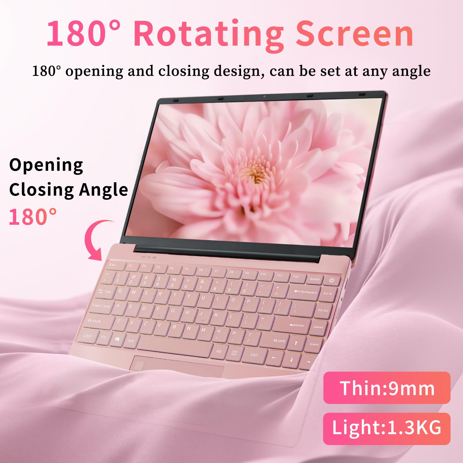 UDKED 14 Inch 2.5K Laptop - 16GB RAM, 256GB SSD, Intel N95 Processor (Up to 3.4GHz) with Colorful Backlit Keyboard, 2560×1440 IPS FHD Display, USB 3.0 x2, WiFi - Rose Gold Ultrabook | Perfect for Work, Study & Entertainment