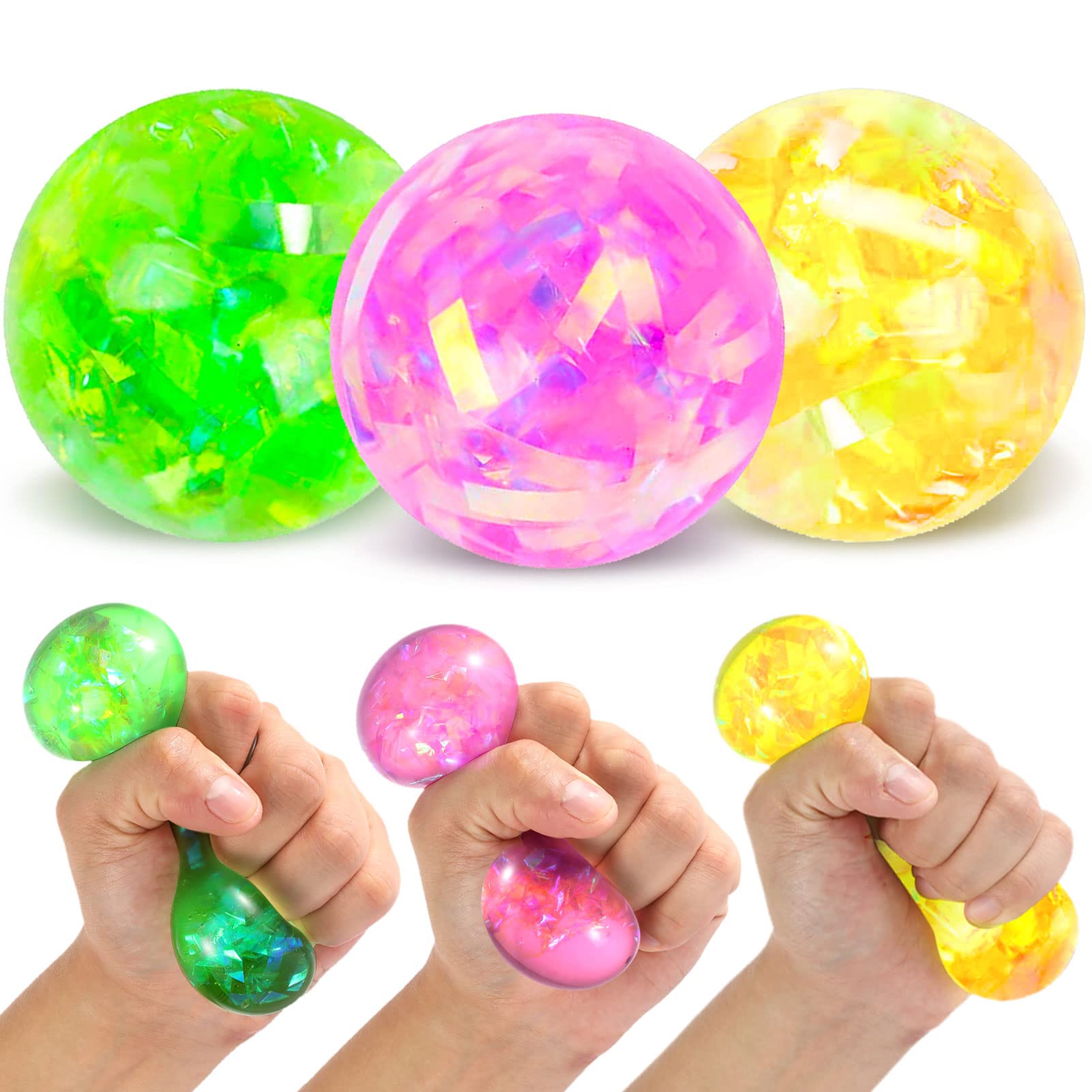 3-Pack Glitter Stress Balls - Crystal Stretchy Sensory Fidget Toys for Anxiety & ADHD Relief - Squeeze Water Balls for Hand Therapy, Kids & Adults - Perfect for Office, Classroom & Home Stress Relief