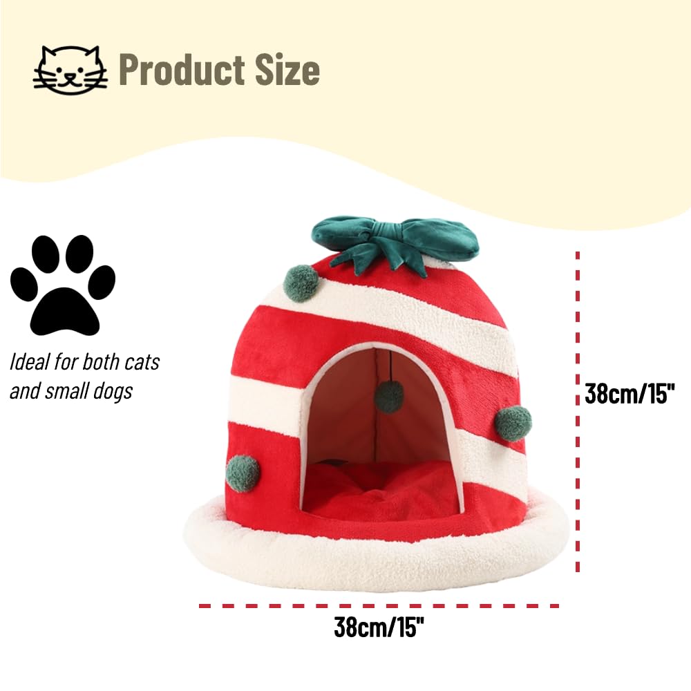 Cozy Christmas Cat Cave Bed - Warm Foldable Pet House with Washable Pillow for Indoor Cats & Small Dogs - Perfect for Holiday Comfort & Calming