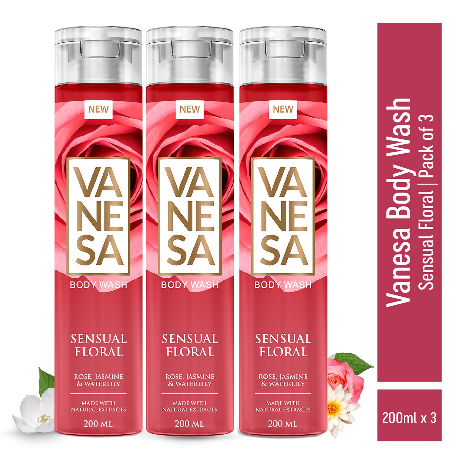 VANESA Sensual Floral Body Wash - 200ML Each (Pack of 3) | Floral Fragrance Aroma | Gentle & Refreshing Cleansing Shower Gel for Women | Perfect for Daily Use, Relaxing Bath & Spa Nights