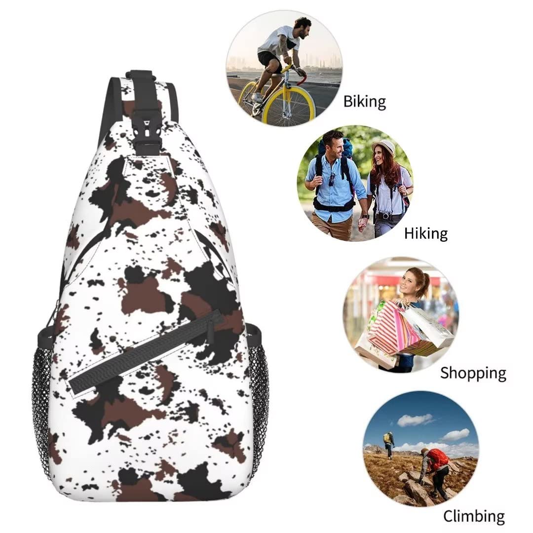 Stylish Cow Print Sling Bag - Adjustable Crossbody Backpack with Rustic Cowhide Texture in Black & Brown | Western Farmhouse Fashion Accessory for Travel, Shopping & Daily Use