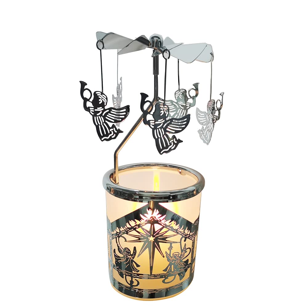 Rotating Carousel Candle Holder - Metal Spinning Tea Light Candle Stand for Home Decor, Wedding, Party & Romantic Dinner (Silver Angel Design)