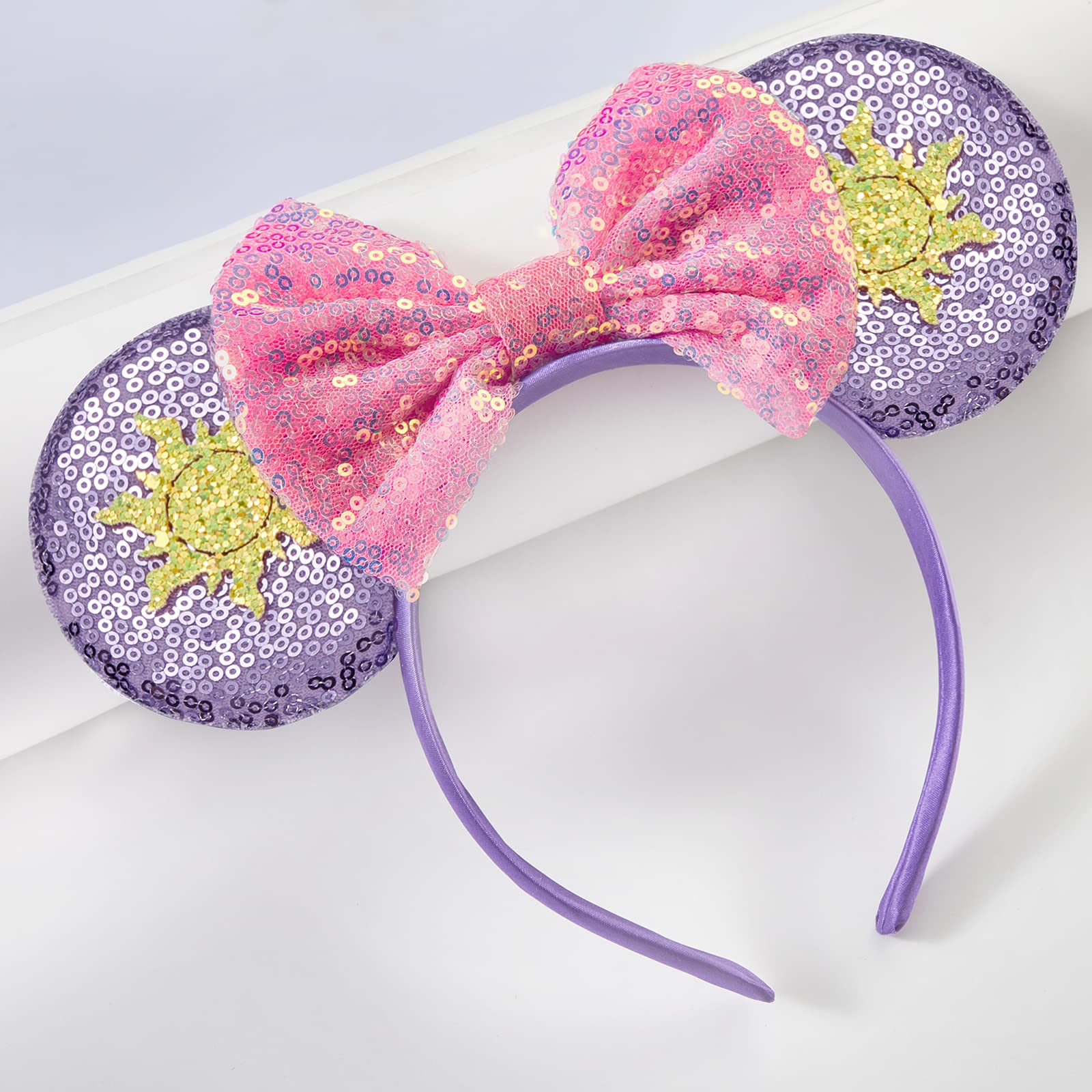 Sparkly Sequin Mouse Ears Headband with Bow - Disney Rapunzel Inspired Hair Accessories for Women & Girls | Perfect for Birthday Parties, Costume Cosplay, Theme Park Visits & Disney-Themed Events