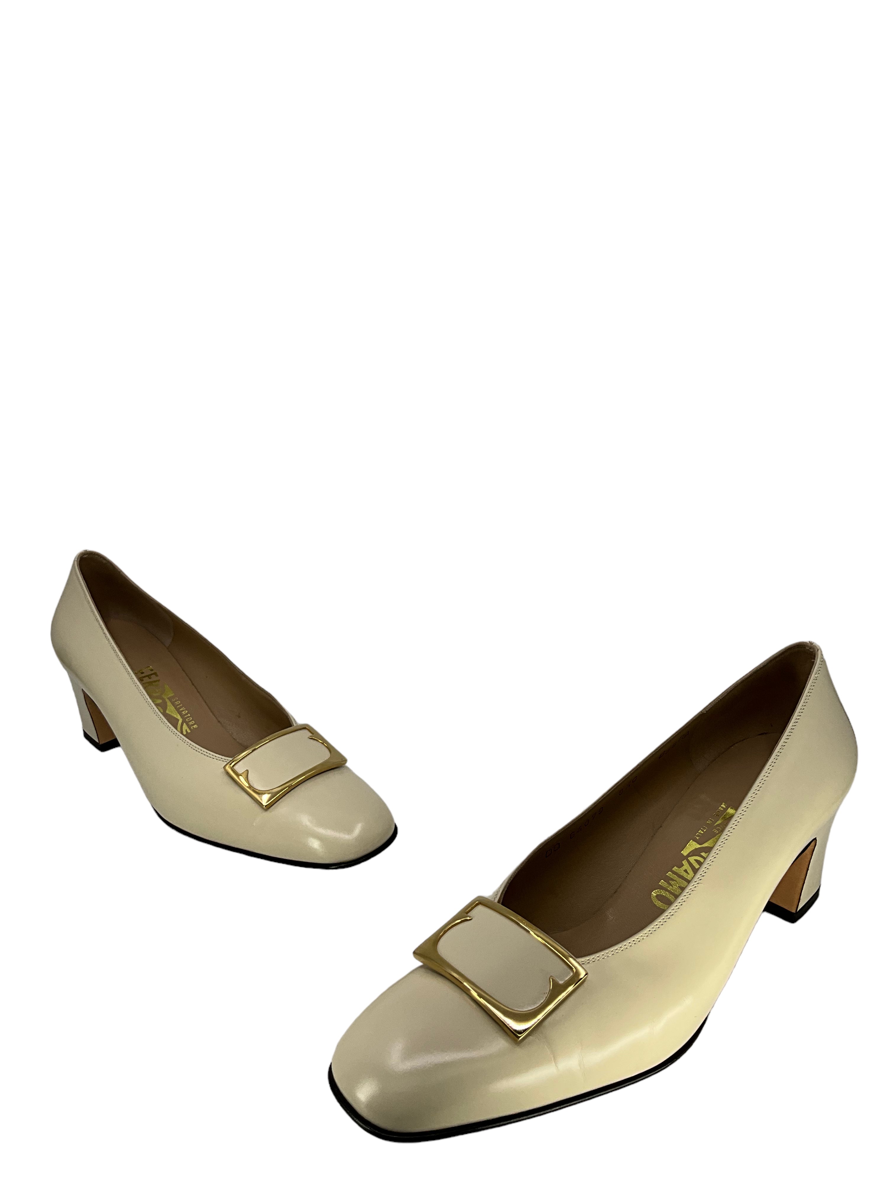 Salvatore Ferragamo Ivory & Gold Heels Women's Size 8.5 - Luxury Designer Pumps for Weddings, Parties & Formal Events