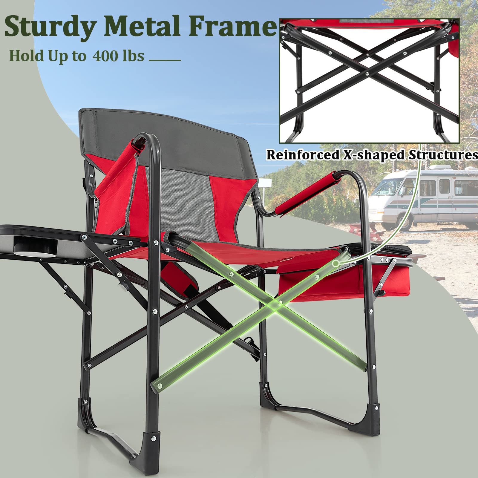 Giantex Heavy Duty Folding Camping Chair with Side Table & Cooler Bag - Portable Director's Chair with Storage Pocket, Shoulder Strap & Handle - 400 lbs Weight Capacity - Perfect for Outdoor Camping, Fishing, Picnics, Makeup Artists & Photographers (Red)