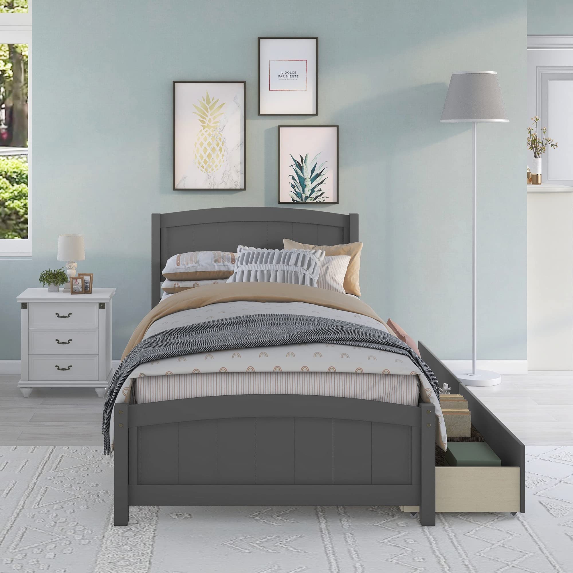 Harper & Bright Designs Twin Bed Frame with 2 Drawers - Solid Wood Platform Bed with Headboard & Footboard, Wood Slat Support - Grey - Perfect for Kids Room, Guest Bedroom & Small Spaces