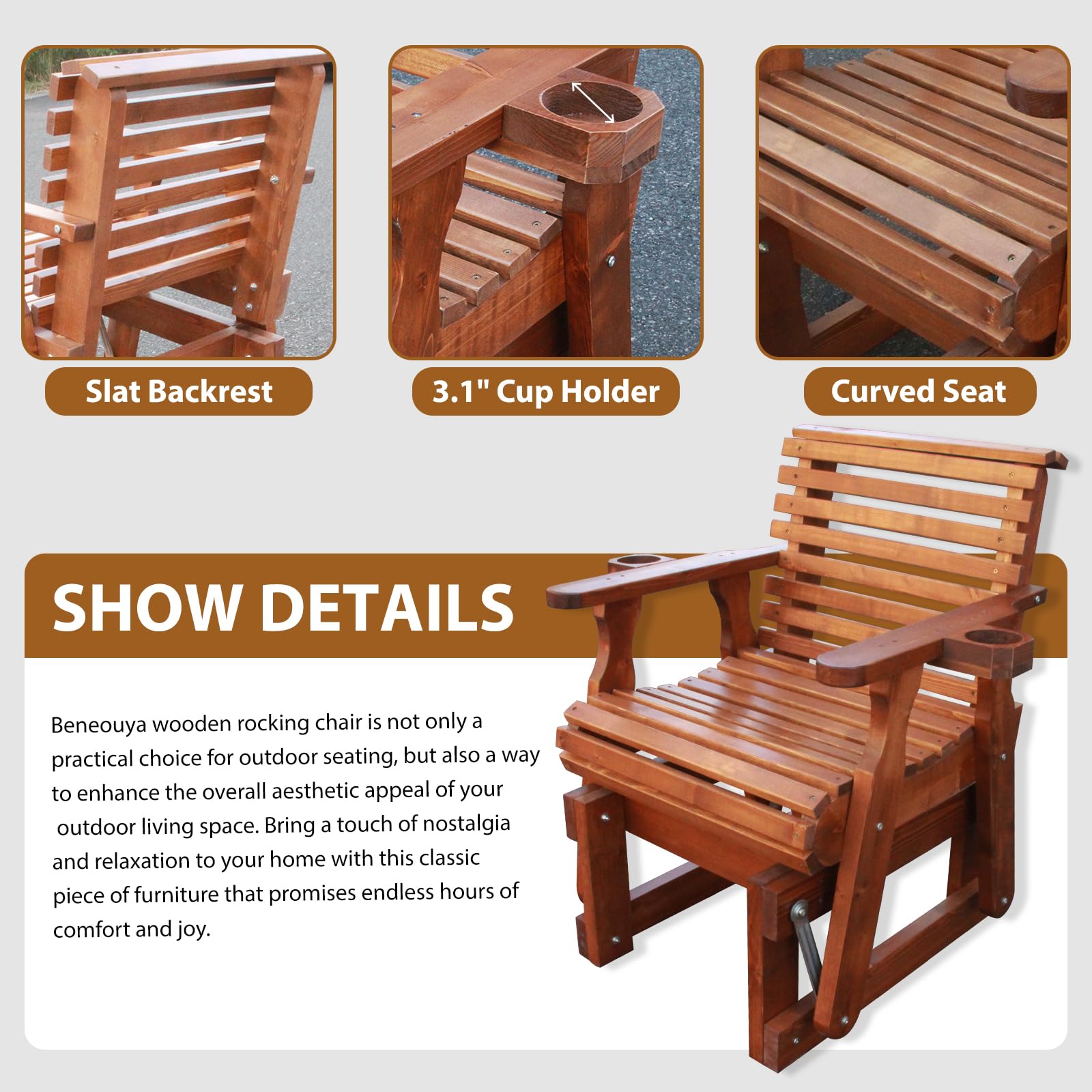 3-Piece Outdoor Glider Patio Furniture Set with Round Side Table - Wooden Porch Swing Chair with Cup Holder, High Back & Deep Contoured Seat - Perfect for Porch, Patio, Balcony & Garden Relaxation - Cedar Brown