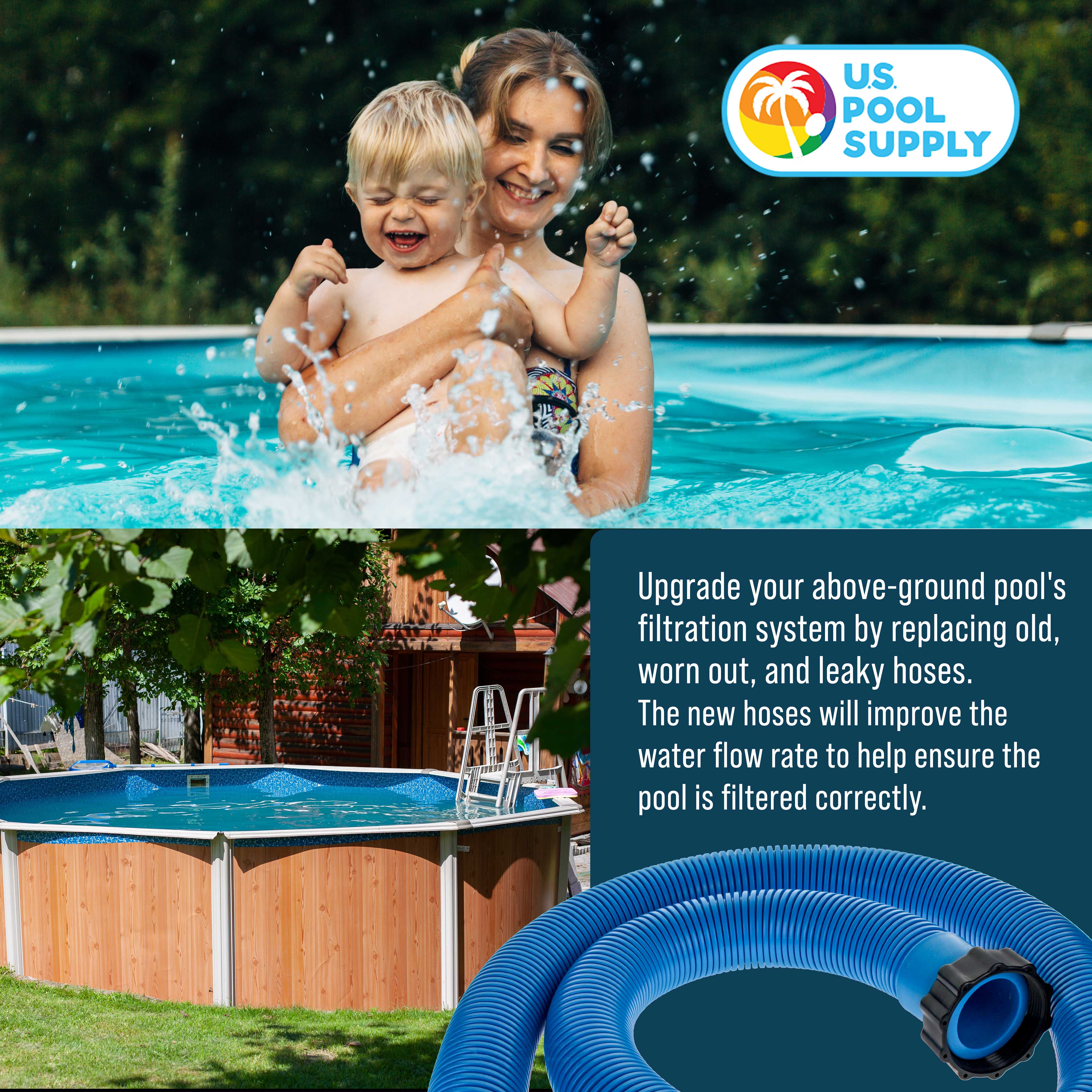 Intex 29060E Compatible Above Ground Pool Hose Replacement - 1.5 Inch Diameter x 59 Inch Long (Pack of 2, Blue) for Pool Filter Pumps, Sand Filters & Saltwater Systems (1,500-2,500 GPH) - Perfect for Summer Backyard Swimming Pool Maintenance